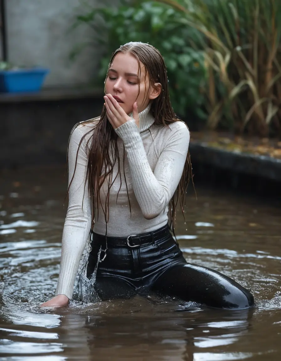 photo of young woman, in soaking wet, drenched clothes,
ankle boots, super skin tight white denim jeans, slim fit black biker leatherjacket,  tight white turtleneck sweater, handbag, pearl necklace, Fifteen years horny blonde teenage girl with her Friends holds her hand over her mouth and nose laying in bath tub, 
enjoying, wet clothes stuck to body,
detailed textures of the wet clothes, wet face, wet plastered hair,
wet, drenched, professional, high-quality details, full body view.
sharp focus, ultra-high pixel detail, realistic, high-quality, full colors, incredibly detailed, 4k, 8k, 16k, hyper-realistic, RAW photo, masterpiece, ultra-detailed, professionally color graded, professional photograph, Fifteen years old, completely soaked, completely dripping wet from head to toe, very wet clothes, sleek long straight hair, worried and embarrassed facial expression, slight yawn, moaning,  all girls wear different styles of clothes, she takes her handbag with her in the water, a lot of people stands in the background, close-up, view from above, highly realistic representation, ultra sharp focus, highly photorealistic detailed facial features and expressions, highly photorealistic hands, highly best quality, highly sharp photorealistic image, highly photorealistic details, highest photorealistic wet clothes, full UHD resolution, highest photorealistic sharpness of the image, 32 K