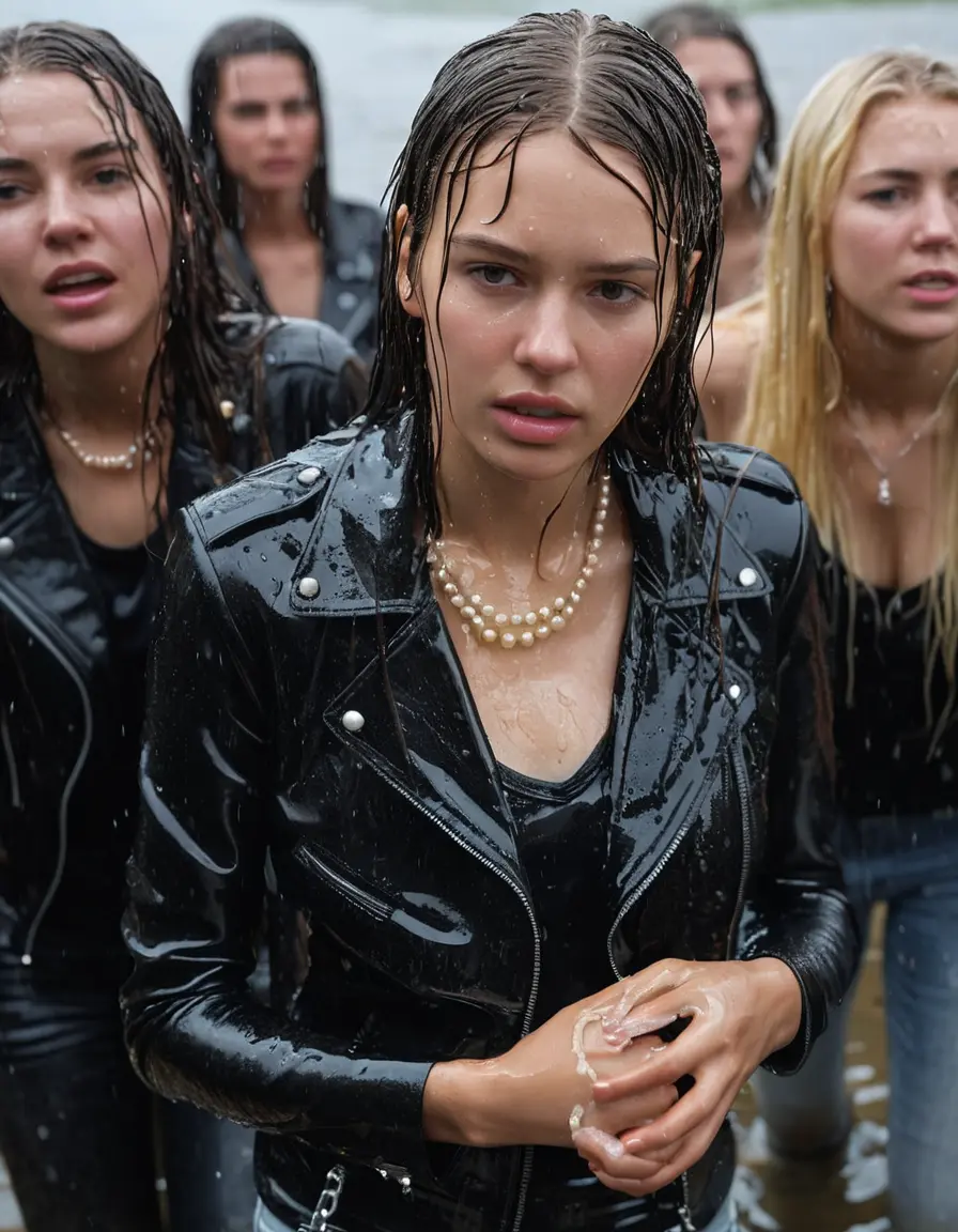 photo of young woman, in soaking wet, drenched clothes,
ankle boots, super skin tight white denim jeans, slim fit black biker leatherjacket,  tight sexy tshirt with wide necklace, handbag, pearl necklace, Fifteen years horny blonde teenage girl with her Friends holds her hand over her mouth and nose laying in bath tub, 
enjoying, wet clothes stuck to body,
detailed textures of the wet clothes, wet face, wet plastered hair,
wet, drenched, professional, high-quality details, full body view.
sharp focus, ultra-high pixel detail, realistic, high-quality, full colors, incredibly detailed, 4k, 8k, 16k, hyper-realistic, RAW photo, masterpiece, ultra-detailed, professionally color graded, professional photograph, Fifteen years old, completely soaked, completely dripping wet from head to toe, very wet clothes, sleek long straight hair, worried and embarrassed facial expression, slight yawn, moaning,  all girls wear different styles of clothes, she takes her handbag with her in the water, a lot of people stands in the background, close-up, view from above, highly realistic representation, ultra sharp focus, highly photorealistic detailed facial features and expressions, highly photorealistic hands, highly best quality, highly sharp photorealistic image, highly photorealistic details, highest photorealistic wet clothes, full UHD resolution, highest photorealistic sharpness of the image, 32 K