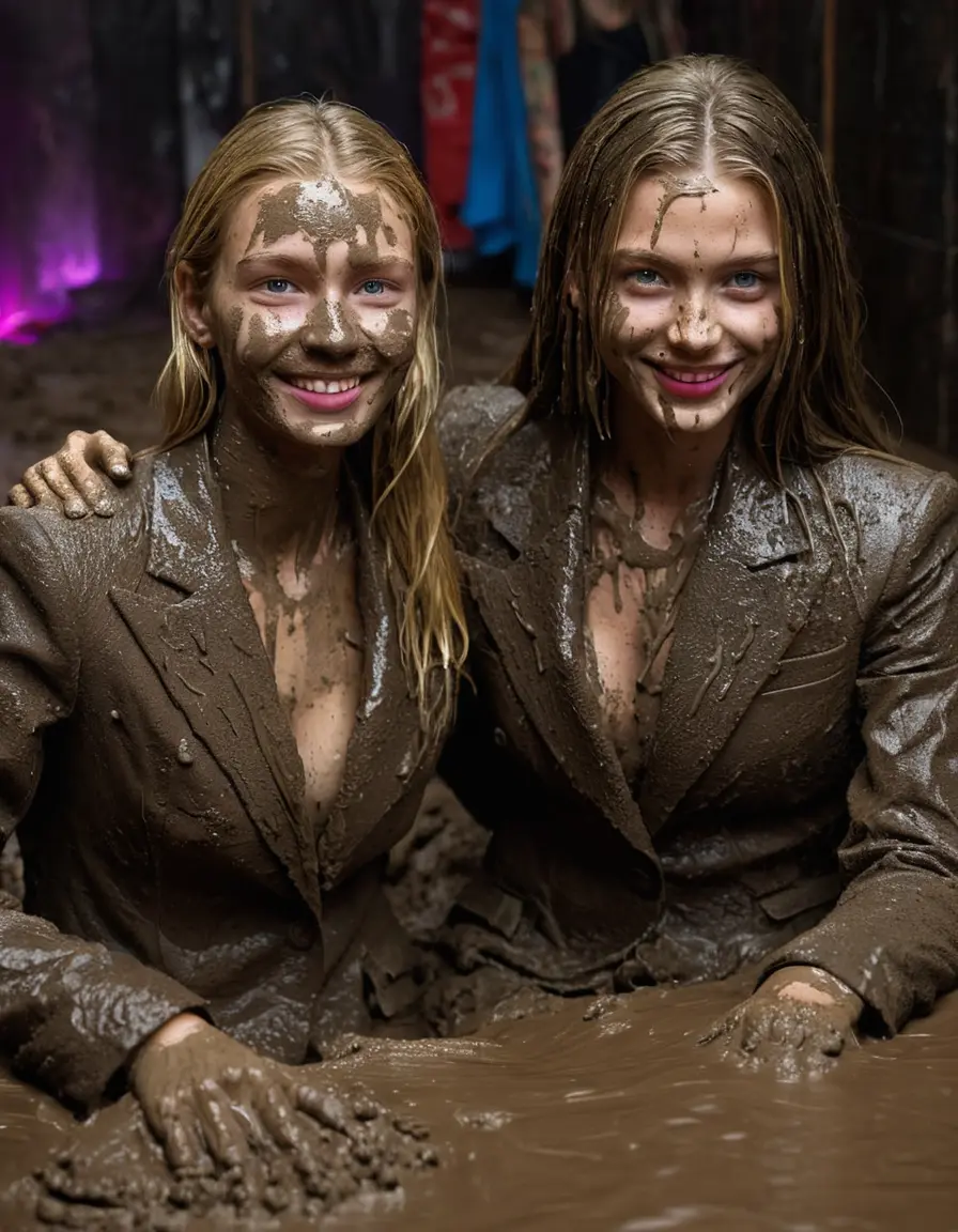 photo of young woman, in soaking wet, drenched clothes,
Muddy high heels, Long very muddy suit pants, Full muddy ruined fully-opened blazer like a fancy uniform over topless with exposed clean boobs., Muddy party in a dark muddy indoor club. Mud splashed walls with mud-flooded floor. Dark mood lighting with pink and blue neon lights. Muddy furnitures and mud-covered chairs and sofas in the background., 
enjoying, wet clothes stuck to body,
detailed textures of the wet clothes, wet face, wet plastered hair,
wet, drenched, professional, high-quality details, full body view.
sharp focus, ultra-high pixel detail, realistic, high-quality, full colors, incredibly detailed, 4k, 8k, 16k, hyper-realistic, RAW photo, masterpiece, ultra-detailed, professionally color graded, professional photograph, Two young pretty cute innocent blonde teen 13 years old girls are sitting in a deep muddy pool while they are hugging each other. They are wearing their fully and heavily mud-covered opened suits. Thick mud on their blazers. Every small details of the clothes are muddy, but their faces, their chests and their boobs are clean for the photo. Their blazer has the same colour as their muddy pants. They are proudly wearing their expensive open blazers. The classy elegant room is totally destroyed by mud, deep liquid mud on the bed, on the floor, mud spots everywhere, mud flows down on the walls, muddy pillows, muddy bedsheets. Straight very long open wavy hairstyle, muddy hair, smiling and beautiful clean faces, blue eyes, earrings, lipstick. The girls are enjoying to being total muddy on the bed, being sexy, naughty while they are enjoying the muddy fetish party. Realistic boobs and photorealistic detailed smiling facial expressions. Intimate close-up picture about the women from above. Close-up photo, highly realistic representation, ultra sharp focus, highly photorealistic detailed textures, highly photorealistic detailed facial features and expressions, highly photorealistic hands, highly emotional reactions, highly best quality, highly sharp photorealistic image, highly photorealistic details, full UHD resolution, 32 K, very high level of detail and image sharpness, zoomed in