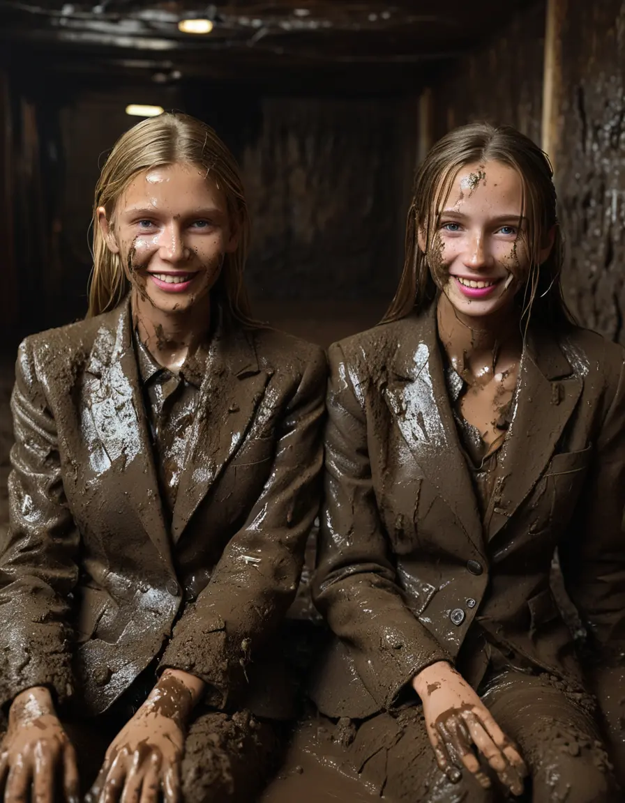 photo of young woman, in soaking wet, drenched clothes,
Muddy high heels, Long very muddy suit pants, Full muddy ruined fully-opened blazer like a fancy uniform over topless with exposed clean boobs., Muddy party in a dark muddy indoor club. Mud splashed walls with mud-flooded floor. Dark mood lighting with pink and blue neon lights. Muddy furnitures and mud-covered chairs and sofas in the background., 
enjoying, wet clothes stuck to body,
detailed textures of the wet clothes, wet face, wet plastered hair,
wet, drenched, professional, high-quality details, full body view.
sharp focus, ultra-high pixel detail, realistic, high-quality, full colors, incredibly detailed, 4k, 8k, 16k, hyper-realistic, RAW photo, masterpiece, ultra-detailed, professionally color graded, professional photograph, Two young pretty cute innocent blonde teen 13 years old girls are sitting in a deep muddy pool while they are hugging each other. They are wearing their fully and heavily mud-covered opened suits. Thick mud on their blazers. Every small details of the clothes are muddy, but their faces, their chests and their boobs are clean for the photo. Their blazer has the same colour as their muddy pants. They are proudly wearing their expensive open blazers. The classy elegant room is totally destroyed by mud, deep liquid mud on the bed, on the floor, mud spots everywhere, mud flows down on the walls, muddy pillows, muddy bedsheets. Straight very long open wavy hairstyle, muddy hair, smiling and beautiful clean faces, blue eyes, earrings, lipstick. The girls are enjoying to being total muddy on the bed, being sexy, naughty while they are enjoying the muddy fetish party. Realistic boobs and photorealistic detailed smiling facial expressions. Intimate close-up picture about the women from above. Close-up photo, highly realistic representation, ultra sharp focus, highly photorealistic detailed textures, highly photorealistic detailed facial features and expressions, highly photorealistic hands, highly emotional reactions, highly best quality, highly sharp photorealistic image, highly photorealistic details, full UHD resolution, 32 K, very high level of detail and image sharpness, zoomed in