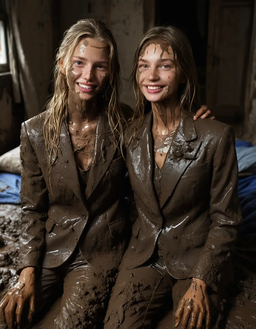 photo of young woman, in soaking wet, drenched clothes,
Muddy high heels, Long very muddy suit pants, Full muddy ruined fully-opened blazer like a fancy uniform over topless with exposed clean boobs., Muddy party in a dark muddy indoor bedroom. Mud splashed walls with mud-flooded floor. Dark mood lighting with pink and blue neon lights. Muddy furnitures and mud-covered bed.., 
enjoying, wet clothes stuck to body,
detailed textures of the wet clothes, wet face, wet plastered hair,
wet, drenched, professional, high-quality details, full body view.
sharp focus, ultra-high pixel detail, realistic, high-quality, full colors, incredibly detailed, 4k, 8k, 16k, hyper-realistic, RAW photo, masterpiece, ultra-detailed, professionally color graded, professional photograph, Two young pretty cute innocent blonde teen 13 years old girls are kneeling on the muddy double bed while they are hugging each other. They are wearing their fully and heavily mud-covered opened suits. Thick mud on their blazers. Every small details of the clothes are muddy, but their faces, their chests and their boobs are clean for the photo. Their blazer has the same colour as their muddy pants. They are proudly wearing their expensive open blazers. The classy elegant room is totally destroyed by mud, deep liquid mud on the bed, on the floor, mud spots everywhere, mud flows down on the walls, muddy pillows, muddy bedsheets. Straight very long open wavy hairstyle, muddy hair, smiling and beautiful clean faces, blue eyes, earrings, lipstick. The girls are enjoying to being total muddy on the bed, being sexy, naughty while they are enjoying the muddy fetish party. Realistic boobs and photorealistic detailed smiling facial expressions. Intimate close-up picture about the women from above. Close-up photo, highly realistic representation, ultra sharp focus, highly photorealistic detailed textures, highly photorealistic detailed facial features and expressions, highly photorealistic hands, highly emotional reactions, highly best quality, highly sharp photorealistic image, highly photorealistic details, full UHD resolution, 32 K, very high level of detail and image sharpness, zoomed in