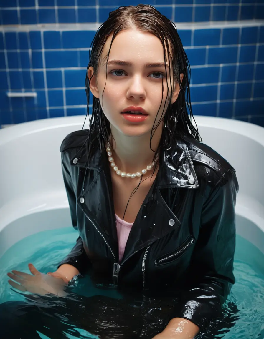 photo of young woman, in soaking wet, drenched clothes,
ankle boots, white Jeans, slim fit black biker leatherjacket,  tight sexy light pink tshirt with wide necklace, handbag, pearl necklace, Fifteen years horny blonde teenage girl with her Friends holds her hand over her mouth and nose is in bath tub, 
enjoying, wet clothes stuck to body,
detailed textures of the wet clothes, wet face, wet plastered hair,
wet, drenched, professional, high-quality details, full body view.
sharp focus, ultra-high pixel detail, realistic, high-quality, full colors, incredibly detailed, 4k, 8k, 16k, hyper-realistic, RAW photo, masterpiece, ultra-detailed, professionally color graded, professional photograph, Fifteen years old, completely soaked, completely dripping wet from head to toe, very wet clothes, sleek long straight hair, worried and embarrassed facial expression, slight yawn, moaning,  all girls wear different styles of clothes, she takes her handbag with her in the water, a lot of people stands in the background, close-up, view from above, highly realistic representation, ultra sharp focus, highly photorealistic detailed facial features and expressions, highly photorealistic hands, highly best quality, highly sharp photorealistic image, highly photorealistic details, highest photorealistic wet clothes, full UHD resolution, highest photorealistic sharpness of the image, 32 K