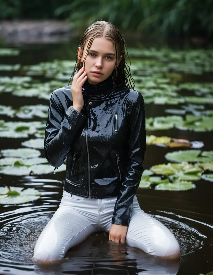 photo of young woman, in soaking wet, drenched clothes,
ankle boots, white pants, slim fit black biker leatherjacket,  tight turtleneck sweater, handbag, pearl necklace, Fifteen years old shocked horny blonde teenage girl with her Friends holds her hand over her mouth and nose half submerged in sunny lake with water lilies after diving, 
enjoying, wet clothes stuck to body,
detailed textures of the wet clothes, wet face, wet plastered hair,
wet, drenched, professional, high-quality details, full body view.
sharp focus, ultra-high pixel detail, realistic, high-quality, full colors, incredibly detailed, 4k, 8k, 16k, hyper-realistic, RAW photo, masterpiece, ultra-detailed, professionally color graded, professional photograph, Fifteen years old, completely soaked, completely dripping wet from head to toe, very wet clothes, sleek long straight hair, worried and embarrassed facial expression, slight yawn, moaning,  all girls wear different styles of clothes, she takes her handbag with her in the water, a lot of people stands in the background, close-up, view from above, highly realistic representation, ultra sharp focus, highly photorealistic detailed facial features and expressions, highly photorealistic hands, highly best quality, highly sharp photorealistic image, highly photorealistic details, highest photorealistic wet clothes, full UHD resolution, highest photorealistic sharpness of the image, 32 K