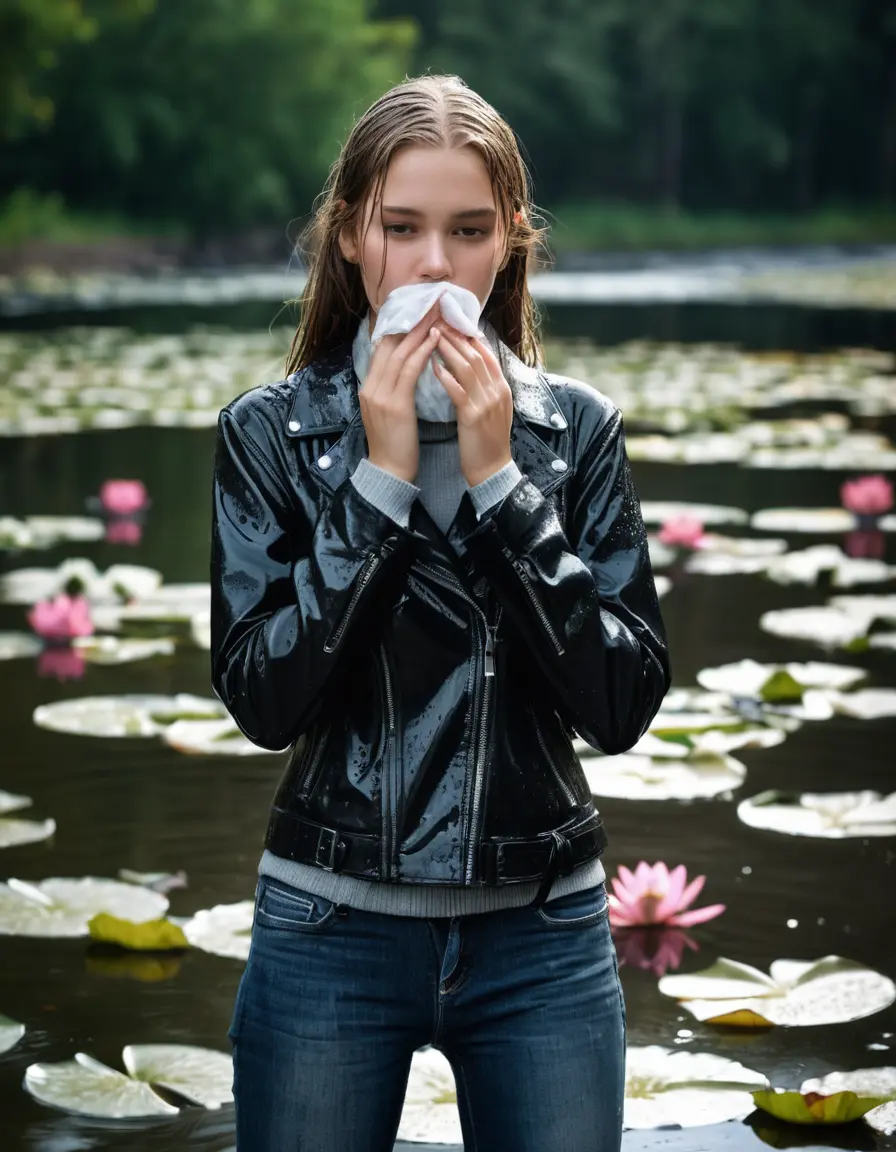 photo of young woman, in soaking wet, drenched clothes,
bare, Super Short jeans, slim fit black biker leatherjacket,  tight white turtleneck sweater, handbag, pearl necklace, Fifteen years horny blonde teenage girl with her Friends holds her hand over her mouth and nose half submerged in sunny lake with water lilies, open mouth, big eyes, 
enjoying, wet clothes stuck to body,
detailed textures of the wet clothes, wet face, wet plastered hair,
wet, drenched, professional, high-quality details, full body view.
sharp focus, ultra-high pixel detail, realistic, high-quality, full colors, incredibly detailed, 4k, 8k, 16k, hyper-realistic, RAW photo, masterpiece, ultra-detailed, professionally color graded, professional photograph, Fifteen years old, completely soaked, completely dripping wet from head to toe, very wet clothes, sleek long straight hair, worried and embarrassed facial expression, slight yawn, moaning,  all girls wear different styles of clothes, she takes her handbag with her in the water, a lot of people stands in the background, close-up, view from above, highly realistic representation, ultra sharp focus, highly photorealistic detailed facial features and expressions, highly photorealistic hands, highly best quality, highly sharp photorealistic image, highly photorealistic details, highest photorealistic wet clothes, full UHD resolution, highest photorealistic sharpness of the image, 32 K