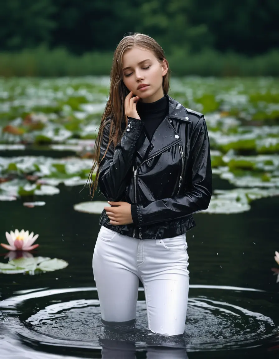 photo of young woman, in soaking wet, drenched clothes,
bare, white pants, slim fit black biker leatherjacket,  tight white turtleneck sweater, handbag, pearl necklace, Fifteen years horny blonde teenage girl with her Friends holds her hand over her mouth and nose half submerged in sunny lake with water lilies, 
enjoying, wet clothes stuck to body,
detailed textures of the wet clothes, wet face, wet plastered hair,
wet, drenched, professional, high-quality details, full body view.
sharp focus, ultra-high pixel detail, realistic, high-quality, full colors, incredibly detailed, 4k, 8k, 16k, hyper-realistic, RAW photo, masterpiece, ultra-detailed, professionally color graded, professional photograph, Fifteen years old, completely soaked, completely dripping wet from head to toe, very wet clothes, sleek long straight hair, worried and embarrassed facial expression, slight yawn, moaning,  all girls wear different styles of clothes, she takes her handbag with her in the water, a lot of people stands in the background, close-up, view from above, highly realistic representation, ultra sharp focus, highly photorealistic detailed facial features and expressions, highly photorealistic hands, highly best quality, highly sharp photorealistic image, highly photorealistic details, highest photorealistic wet clothes, full UHD resolution, highest photorealistic sharpness of the image, 32 K
