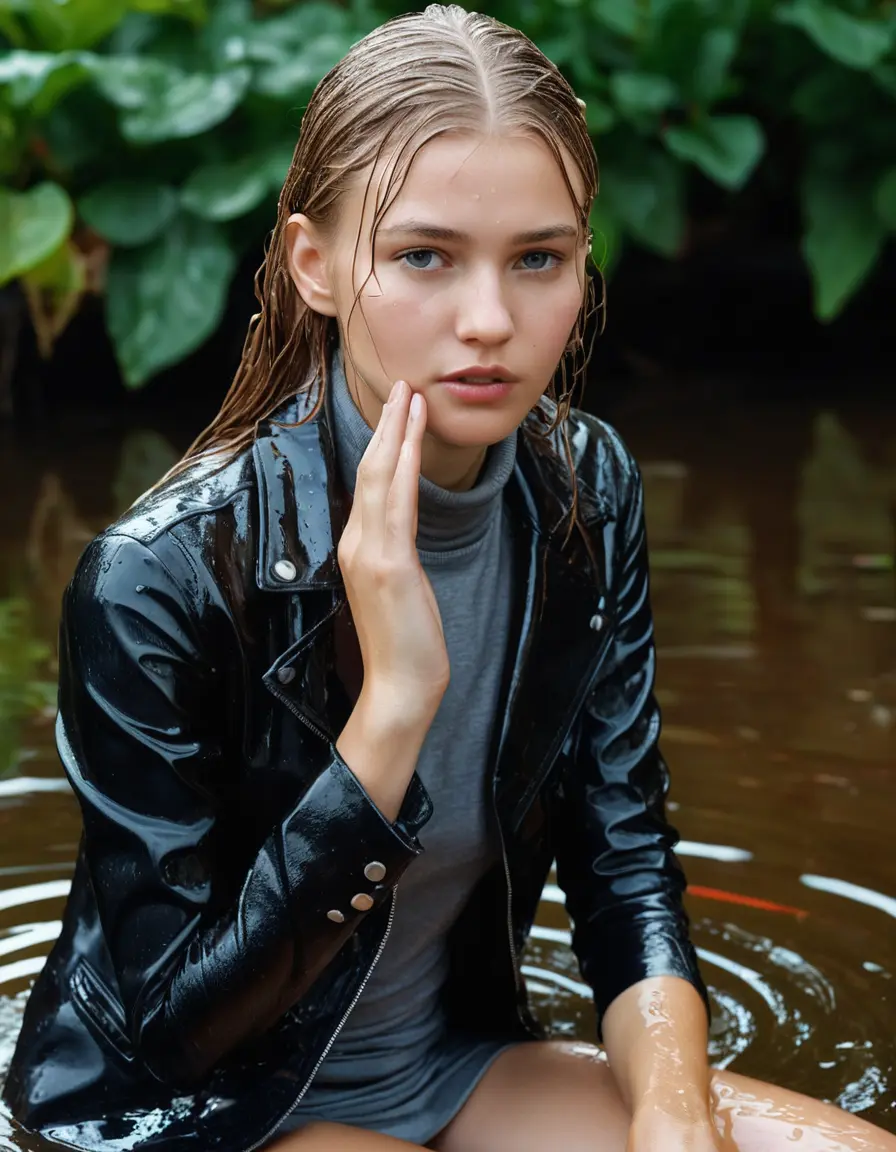 photo of young woman, in soaking wet, drenched clothes,
ankle boots, wet silber satin office trousers or skirt, slim fit black biker leatherjacket, tight grey turtleneck sweater, handbag, pearl necklace, Fifteen years horny blonde teenage girl with her Friends holds her hand over her mouth and nose dunked in little sunny garden pond, open mouth, big eyes, 
enjoying, wet clothes stuck to body,
detailed textures of the wet clothes, wet face, wet plastered hair,
wet, drenched, professional, high-quality details, full body view.
sharp focus, ultra-high pixel detail, realistic, high-quality, full colors, incredibly detailed, 4k, 8k, 16k, hyper-realistic, RAW photo, masterpiece, ultra-detailed, professionally color graded, professional photograph, Fifteen years old, completely soaked, completely dripping wet from head to toe, very wet clothes, dripping wet hair, sleek long straight hair, worried and embarrassed facial expression, slight yawn, moaning,  all girls wear different styles of clothes, she takes her handbag with her in the water, a lot of people stands in the background, close-up, view from above, highly realistic representation, ultra sharp focus, highly photorealistic detailed facial features and expressions, highly photorealistic hands, highly best quality, highly sharp photorealistic image, highly photorealistic details, highest photorealistic wet clothes, full UHD resolution, highest photorealistic sharpness of the image, 32 K