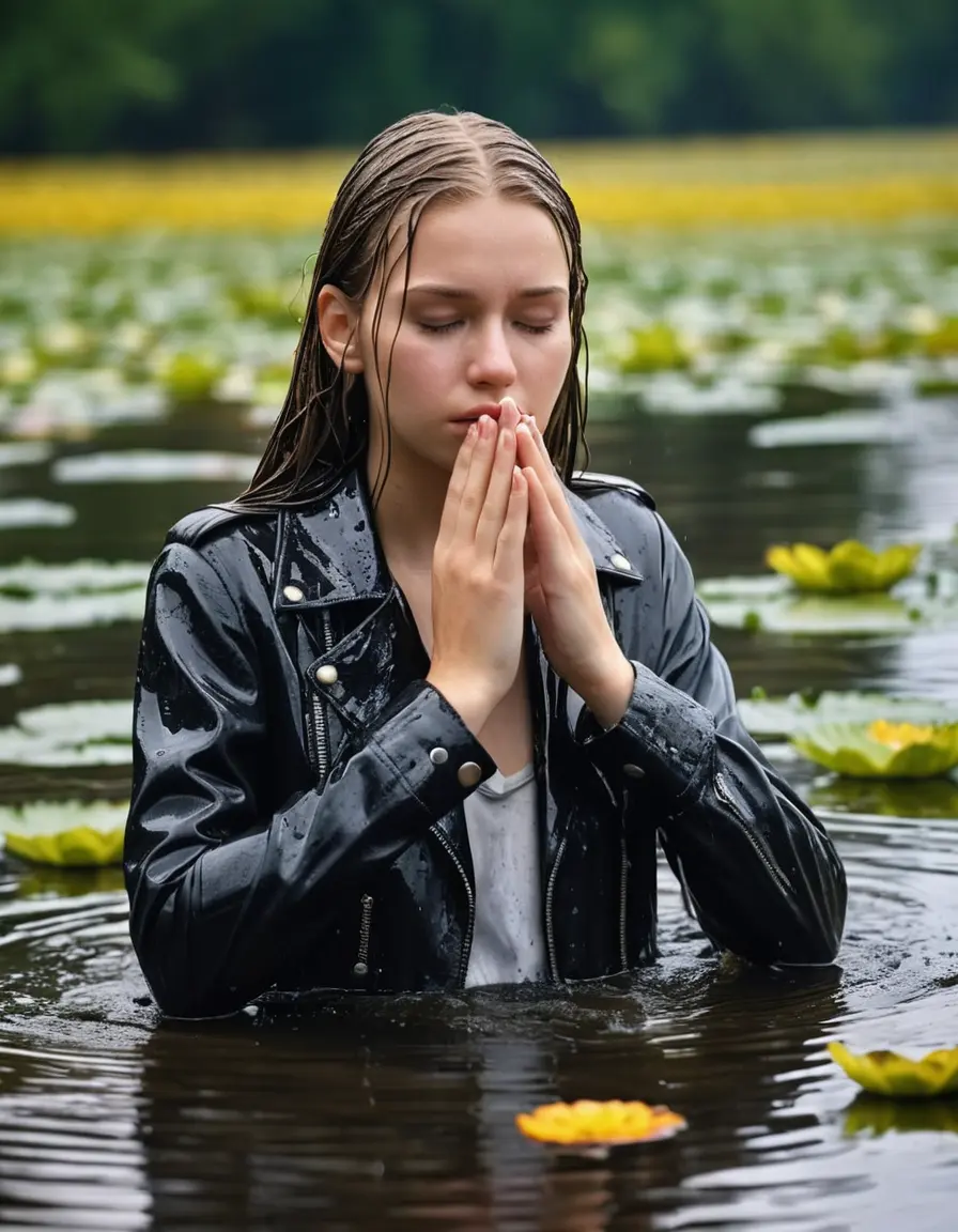 photo of young woman, in soaking wet, drenched clothes,
bare, Beige Business Trouser, slim fit black biker leatherjacket,  tight white turtleneck sweater, handbag, pearl necklace, Fifteen years horny blonde teenage girl with her Friends holds her hand over her mouth and nose half submerged in sunny lake with water lilies, open mouth, big eyes, 
enjoying, wet clothes stuck to body,
detailed textures of the wet clothes, wet face, wet plastered hair,
wet, drenched, professional, high-quality details, full body view.
sharp focus, ultra-high pixel detail, realistic, high-quality, full colors, incredibly detailed, 4k, 8k, 16k, hyper-realistic, RAW photo, masterpiece, ultra-detailed, professionally color graded, professional photograph, Fifteen years old, completely soaked, completely dripping wet from head to toe, very wet clothes, sleek long straight hair, worried and embarrassed facial expression, slight yawn, moaning,  all girls wear different styles of clothes, she takes her handbag with her in the water, a lot of people stands in the background, close-up, view from above, highly realistic representation, ultra sharp focus, highly photorealistic detailed facial features and expressions, highly photorealistic hands, highly best quality, highly sharp photorealistic image, highly photorealistic details, highest photorealistic wet clothes, full UHD resolution, highest photorealistic sharpness of the image, 32 K