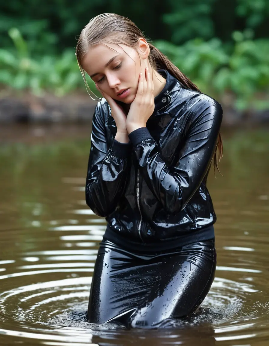 photo of young woman, in soaking wet, drenched clothes,
ankle boots, wet silber satin office trousers or skirt, slim fit black biker leatherjacket,  tight grey turtleneck sweater, handbag, pearl necklace, Fifteen years horny blonde teenage girl with her Friends holds her hand over her mouth and nose submerged in little sunny pond, open mouth, big eyes, 
enjoying, wet clothes stuck to body,
detailed textures of the wet clothes, wet face, wet plastered hair,
wet, drenched, professional, high-quality details, full body view.
sharp focus, ultra-high pixel detail, realistic, high-quality, full colors, incredibly detailed, 4k, 8k, 16k, hyper-realistic, RAW photo, masterpiece, ultra-detailed, professionally color graded, professional photograph, Fifteen years old, completely soaked, completely dripping wet from head to toe, very wet clothes, dripping wet hair, sleek long straight hair, sleek ponytail, worried and embarrassed facial expression, slight yawn, moaning,  all girls wear different styles of clothes, she takes her handbag with her in the water, a lot of people stands in the background, close-up, view from above, highly realistic representation, ultra sharp focus, highly photorealistic detailed facial features and expressions, highly photorealistic hands, highly best quality, highly sharp photorealistic image, highly photorealistic details, highest photorealistic wet clothes, full UHD resolution, highest photorealistic sharpness of the image, 32 K