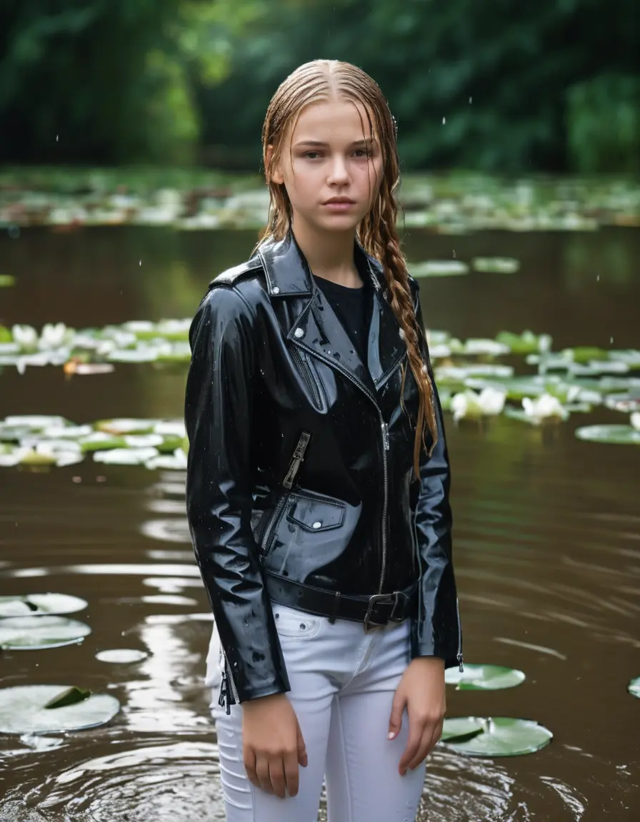 photo of young woman, in soaking wet, drenched clothes,
ankle boots, white pants, slim fit black biker leatherjacket,  tight sexy tshirt with wide neckline, handbag, pearl necklace, Fifteen years old shy horny blonde teenage girl with her Friends holds her hand over her mouth and nose half submerged in sunny lake with water lilies after diving, 
enjoying, wet clothes stuck to body,
detailed textures of the wet clothes, wet face, wet plastered hair,
wet, drenched, professional, high-quality details, full body view.
sharp focus, ultra-high pixel detail, realistic, high-quality, full colors, incredibly detailed, 4k, 8k, 16k, hyper-realistic, RAW photo, masterpiece, ultra-detailed, professionally color graded, professional photograph, Fifteen years old, completely soaked, completely dripping wet from head to toe, very wet clothes, sleek long straight hair, worried and embarrassed facial expression, slight yawn, moaning,  all girls wear different styles of clothes, she takes her handbag with her in the water, a lot of people stands in the background, close-up, view from above, highly realistic representation, ultra sharp focus, highly photorealistic detailed facial features and expressions, highly photorealistic hands, highly best quality, highly sharp photorealistic image, highly photorealistic details, highest photorealistic wet clothes, full UHD resolution, highest photorealistic sharpness of the image, 32 K