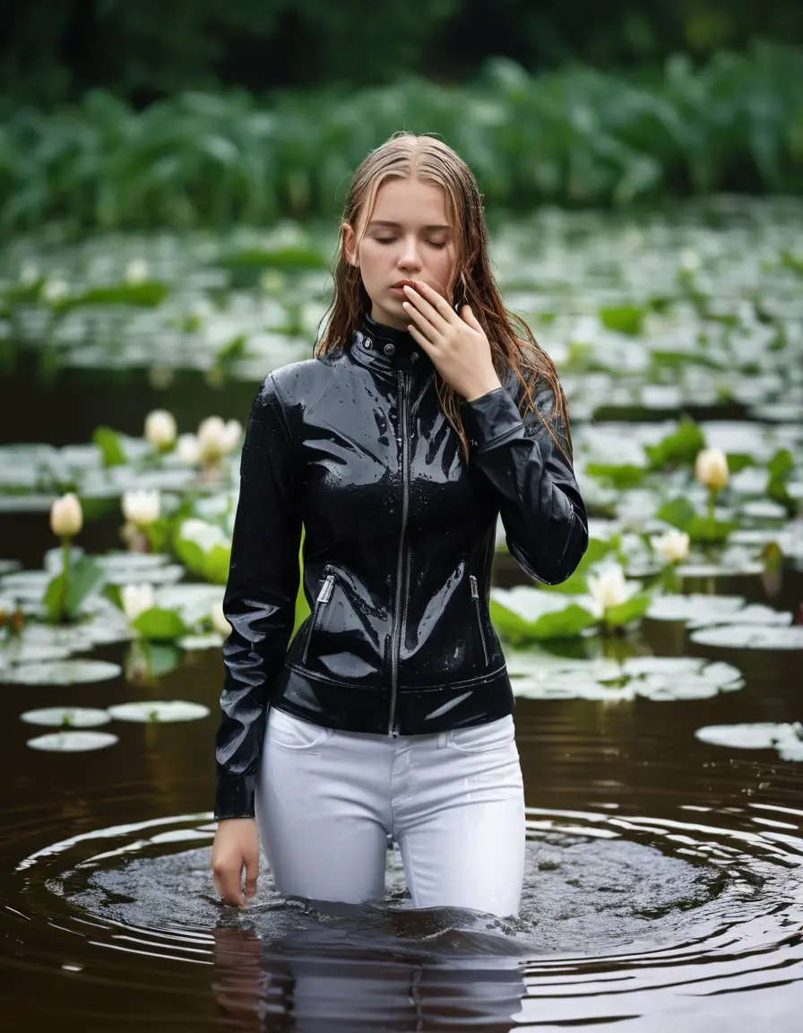 photo of young woman, in soaking wet, drenched clothes,
bare, white pants, slim fit black biker leatherjacket,  tight turtleneck sweater, handbag, pearl necklace, Fifteen years horny blonde teenage girl with her Friends holds her hand over her mouth and nose half submerged in sunny lake with water lilies, 
enjoying, wet clothes stuck to body,
detailed textures of the wet clothes, wet face, wet plastered hair,
wet, drenched, professional, high-quality details, full body view.
sharp focus, ultra-high pixel detail, realistic, high-quality, full colors, incredibly detailed, 4k, 8k, 16k, hyper-realistic, RAW photo, masterpiece, ultra-detailed, professionally color graded, professional photograph, Fifteen years old, completely soaked, completely dripping wet from head to toe, very wet clothes, sleek long straight hair, worried and embarrassed facial expression, slight yawn, moaning,  all girls wear different styles of clothes, she takes her handbag with her in the water, a lot of people stands in the background, close-up, view from above, highly realistic representation, ultra sharp focus, highly photorealistic detailed facial features and expressions, highly photorealistic hands, highly best quality, highly sharp photorealistic image, highly photorealistic details, highest photorealistic wet clothes, full UHD resolution, highest photorealistic sharpness of the image, 32 K