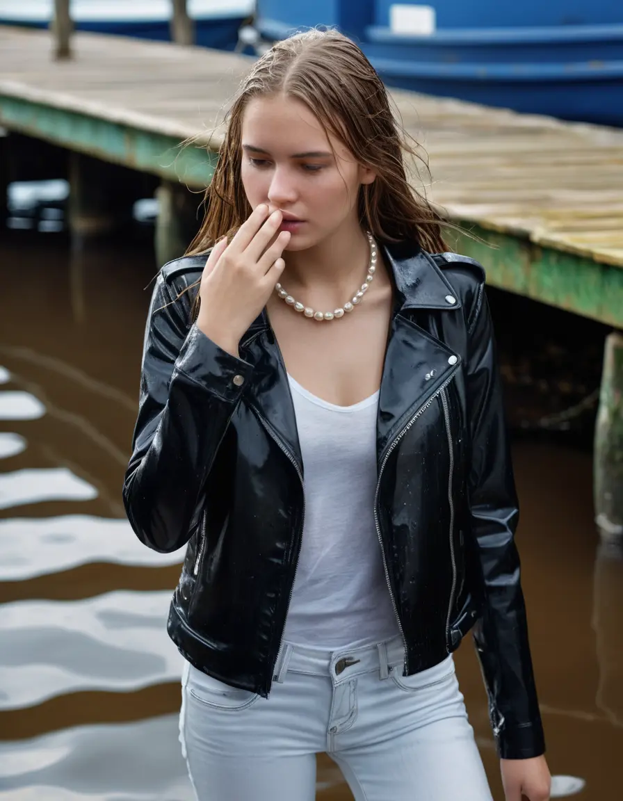 photo of young woman, in soaking wet, drenched clothes,
ankle boots, super skin tight white denim jeans, slim fit black biker leatherjacket,  tight sexy tshirt with wide necklace, handbag, pearl necklace, Fifteen years horny blonde teenage girl with her Friends holds her hand over her mouth and nose posing for a picture on a dock, 
enjoying, wet clothes stuck to body,
detailed textures of the wet clothes, wet face, wet plastered hair,
wet, drenched, professional, high-quality details, full body view.
sharp focus, ultra-high pixel detail, realistic, high-quality, full colors, incredibly detailed, 4k, 8k, 16k, hyper-realistic, RAW photo, masterpiece, ultra-detailed, professionally color graded, professional photograph, Fifteen years old, completely soaked, completely dripping wet from head to toe, very wet clothes, sleek long straight hair, worried and embarrassed facial expression, slight yawn, moaning,  all girls wear different styles of clothes, she takes her handbag with her into the water, a lot of people stands in the background, close-up, view from above, highly realistic representation, ultra sharp focus, highly photorealistic detailed facial features and expressions, highly photorealistic hands, highly best quality, highly sharp photorealistic image, highly photorealistic details, highest photorealistic wet clothes, full UHD resolution, highest photorealistic sharpness of the image, 32 K