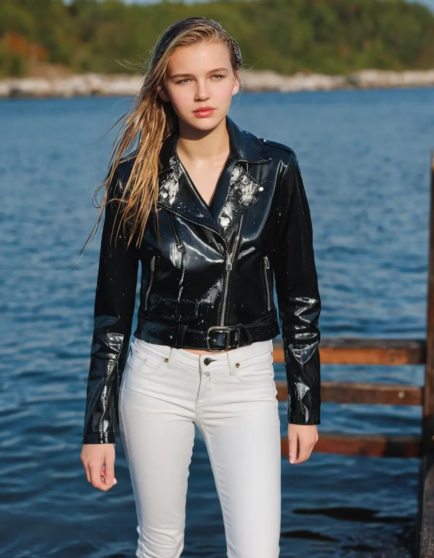 photo of young woman, in soaking wet, drenched clothes,
ankle boots, super skin tight white denim jeans, slim fit black biker leatherjacket,  tight sexy tshirt with wide necklace, handbag, pearl necklace, Fifteen years horny blonde teenage girl with her Friends holds her hand over her mouth and nose posing half submerged into water for a picture on a dock, 
enjoying, wet clothes stuck to body,
detailed textures of the wet clothes, wet face, wet plastered hair,
wet, drenched, professional, high-quality details, full body view.
sharp focus, ultra-high pixel detail, realistic, high-quality, full colors, incredibly detailed, 4k, 8k, 16k, hyper-realistic, RAW photo, masterpiece, ultra-detailed, professionally color graded, professional photograph, Fifteen years old, completely soaked, completely dripping wet from head to toe, very wet clothes, sleek long straight hair, worried and embarrassed facial expression, slight yawn, moaning,  all girls wear different styles of clothes, she takes her handbag with her into the water, a lot of people stands in the background, close-up, view from above, highly realistic representation, ultra sharp focus, highly photorealistic detailed facial features and expressions, highly photorealistic hands, highly best quality, highly sharp photorealistic image, highly photorealistic details, highest photorealistic wet clothes, full UHD resolution, highest photorealistic sharpness of the image, 32 K