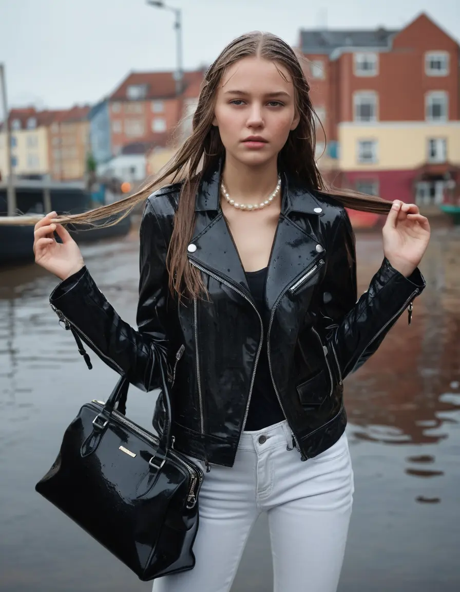 photo of young woman, in soaking wet, drenched clothes,
ankle boots, super skin tight white denim jeans, slim fit black biker leatherjacket,  tight sexy tshirt with wide necklace, handbag, pearl necklace, Fifteen years horny blonde teenage girl with her Friends holds her hand over her mouth and nose posing for a picture on a dock, 
enjoying, wet clothes stuck to body,
detailed textures of the wet clothes, wet face, wet plastered hair,
wet, drenched, professional, high-quality details, full body view.
sharp focus, ultra-high pixel detail, realistic, high-quality, full colors, incredibly detailed, 4k, 8k, 16k, hyper-realistic, RAW photo, masterpiece, ultra-detailed, professionally color graded, professional photograph, Fifteen years old, completely soaked, completely dripping wet from head to toe, very wet clothes, sleek long straight hair, worried and embarrassed facial expression, slight yawn, moaning,  all girls wear different styles of clothes, she takes her handbag with her in the water, a lot of people stands in the background, close-up, view from above, highly realistic representation, ultra sharp focus, highly photorealistic detailed facial features and expressions, highly photorealistic hands, highly best quality, highly sharp photorealistic image, highly photorealistic details, highest photorealistic wet clothes, full UHD resolution, highest photorealistic sharpness of the image, 32 K