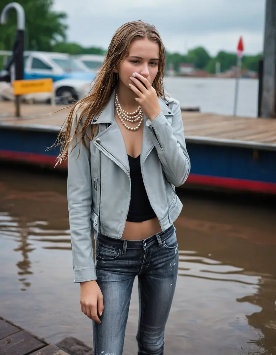 photo of young woman, in soaking wet, drenched clothes,
ankle boots, super skin tight white denim jeans, slim fit black biker leatherjacket,  tight sexy tshirt with wide necklace, handbag, pearl necklace, Fifteen years horny blonde teenage girl with her Friends holds her hand over her mouth and nose posing half submerged into water for a picture on a dock, 
enjoying, wet clothes stuck to body,
detailed textures of the wet clothes, wet face, wet plastered hair,
wet, drenched, professional, high-quality details, full body view.
sharp focus, ultra-high pixel detail, realistic, high-quality, full colors, incredibly detailed, 4k, 8k, 16k, hyper-realistic, RAW photo, masterpiece, ultra-detailed, professionally color graded, professional photograph, Fifteen years old, completely soaked, completely dripping wet from head to toe, very wet clothes, sleek long straight hair, worried and embarrassed facial expression, slight yawn, moaning,  all girls wear different styles of clothes, she takes her handbag with her into the water, a lot of people stands in the background, close-up, view from above, highly realistic representation, ultra sharp focus, highly photorealistic detailed facial features and expressions, highly photorealistic hands, highly best quality, highly sharp photorealistic image, highly photorealistic details, highest photorealistic wet clothes, full UHD resolution, highest photorealistic sharpness of the image, 32 K