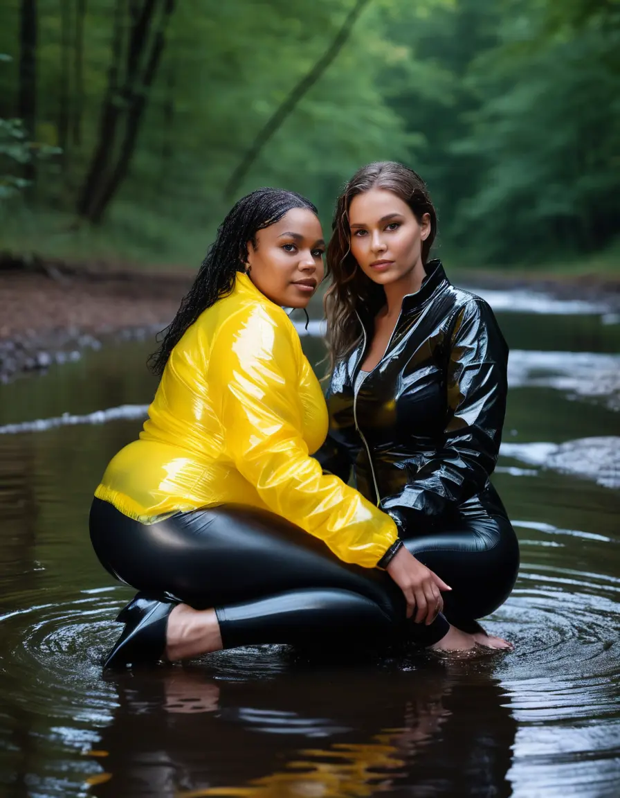 photo of young woman, in soaking wet, drenched clothes,
high heels, leather leggings, yellow transparent t-shirt, black wet shiny pvc puffer jacket, two woman undressing each other, sitting in a forest river at night., 
enjoying, wet clothes stuck to body,
detailed textures of the wet clothes, wet face, wet plastered hair,
wet, drenched, professional, high-quality details, full body view.
sharp focus, ultra-high pixel detail, realistic, high-quality, full colors, incredibly detailed, 4k, 8k, 16k, hyper-realistic, RAW photo, masterpiece, ultra-detailed, professionally color graded, professional photograph, 65 years old fat black mature, big boobs