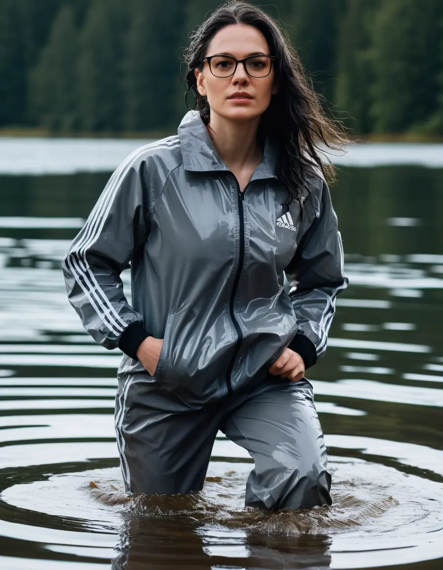 photo of young woman, in soaking wet, drenched clothes,
Sport shoes , long gray nylon adidas trousers, gray nylon adidas jacket with long sleeves, walking in Sunny Deep lake, 
enjoying, wet clothes stuck to body,
detailed textures of the wet clothes, wet face, wet plastered hair,
wet, drenched, professional, high-quality details, full body view.
sharp focus, ultra-high pixel detail, realistic, high-quality, full colors, incredibly detailed, 4k, 8k, 16k, hyper-realistic, RAW photo, masterpiece, ultra-detailed, professionally color graded, professional photograph, woman 51 years old, long black hair, very big and thick lips, office light glasses, complete body, open mouth