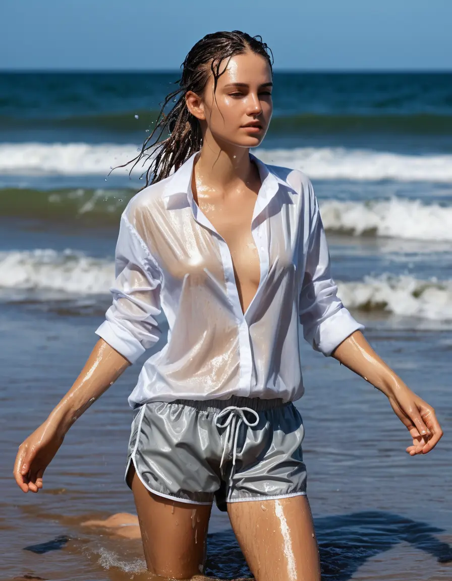 photo of young woman, in soaking wet, drenched clothes,
satin sportshorts, white shirt, strand, 
enjoying, wet clothes stuck to body,
detailed textures of the wet clothes, wet face, wet plastered hair,
wet, drenched, professional, high-quality details, full body view.
sharp focus, ultra-high pixel detail, realistic, high-quality, full colors, incredibly detailed, 4k, 8k, 16k, hyper-realistic, RAW photo, masterpiece, ultra-detailed, professionally color graded, professional photograph