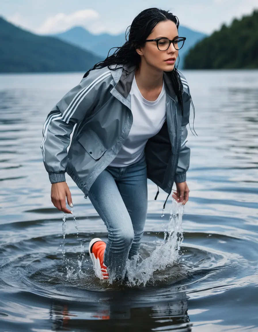 photo of young woman, in soaking wet, drenched clothes,
Sport shoes , long tight light blue jeans , gray nylon adidas jacket with long sleeves, walking in Sunny Deep lake, 
enjoying, wet clothes stuck to body,
detailed textures of the wet clothes, wet face, wet plastered hair,
wet, drenched, professional, high-quality details, full body view.
sharp focus, ultra-high pixel detail, realistic, high-quality, full colors, incredibly detailed, 4k, 8k, 16k, hyper-realistic, RAW photo, masterpiece, ultra-detailed, professionally color graded, professional photograph, woman 51 years old, long black hair, very big and thick lips, office light glasses, complete body, open mouth