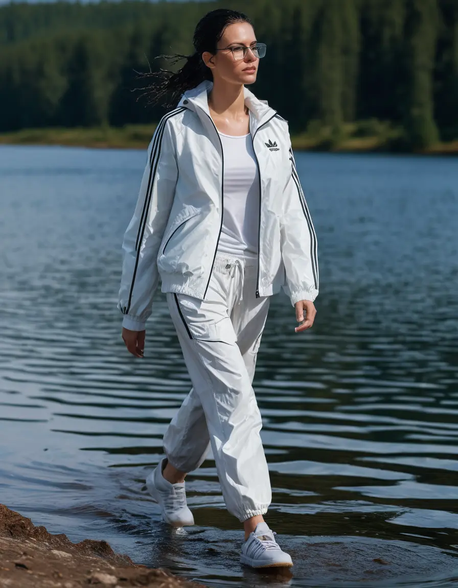 photo of young woman, in soaking wet, drenched clothes,
Sport shoes , long white nylon adidas trousers, dark white adidas jacket with long sleeves, walking in Sunny Deep lake, 
enjoying, wet clothes stuck to body,
detailed textures of the wet clothes, wet face, wet plastered hair,
wet, drenched, professional, high-quality details, full body view.
sharp focus, ultra-high pixel detail, realistic, high-quality, full colors, incredibly detailed, 4k, 8k, 16k, hyper-realistic, RAW photo, masterpiece, ultra-detailed, professionally color graded, professional photograph, two women 51 years old, long black hair, very big and thick lips, office light glasses, complete body, open mouth