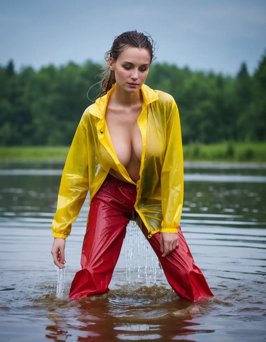 photo of young woman, in soaking wet, drenched clothes,
yellow wellies, long red shiny nylon rainpants, yellow thin nylon top sideboobs over bare breasts, wading in the lake, 
enjoying, wet clothes stuck to body,
detailed textures of the wet clothes, wet face, wet plastered hair,
wet, drenched, professional, high-quality details, full body view.
sharp focus, ultra-high pixel detail, realistic, high-quality, full colors, incredibly detailed, 4k, 8k, 16k, hyper-realistic, RAW photo, masterpiece, ultra-detailed, professionally color graded, professional photograph