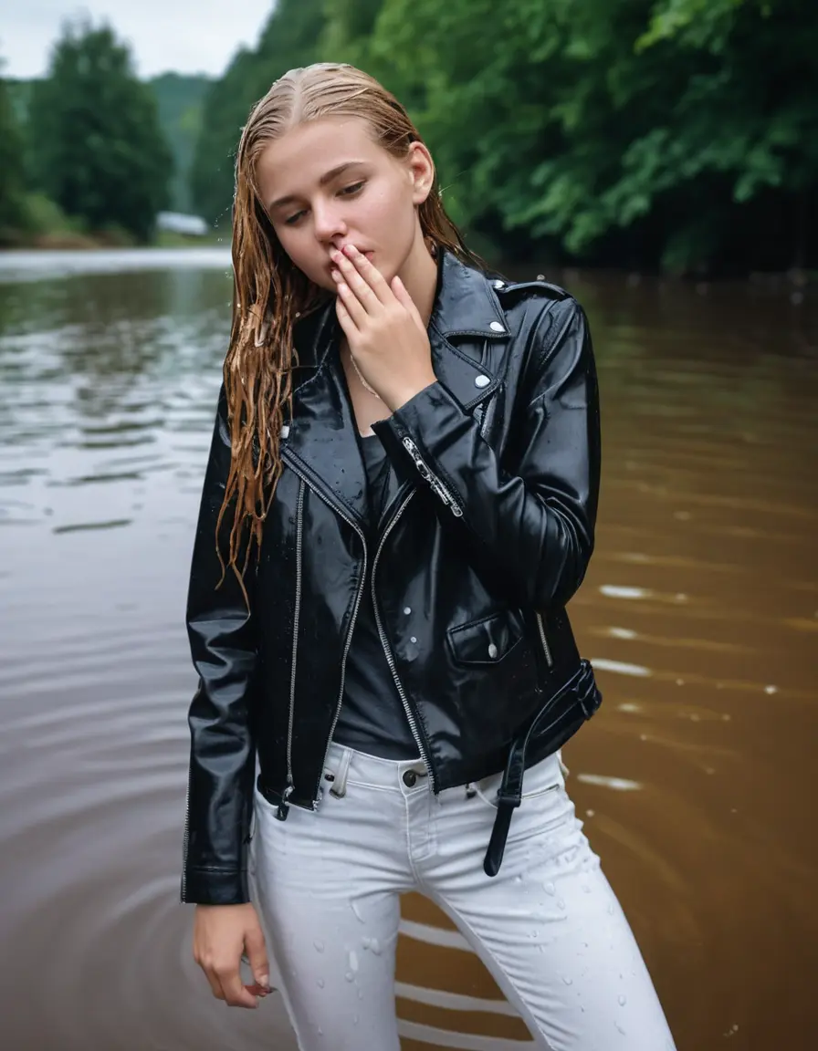 photo of young woman, in soaking wet, drenched clothes,
ankle boots, super skin tight white denim jeans, slim fit black biker leatherjacket,  tight sexy tshirt with wide necklace, handbag, pearl necklace, Fifteen years horny blonde teenage girl with her Friends holds her hand over her mouth and nose posing half submerged into water for a picture on a dock, 
enjoying, wet clothes stuck to body,
detailed textures of the wet clothes, wet face, wet plastered hair,
wet, drenched, professional, high-quality details, full body view.
sharp focus, ultra-high pixel detail, realistic, high-quality, full colors, incredibly detailed, 4k, 8k, 16k, hyper-realistic, RAW photo, masterpiece, ultra-detailed, professionally color graded, professional photograph, Fifteen years old, completely soaked, completely dripping wet from head to toe, very wet clothes, sleek long straight hair, worried and embarrassed facial expression, slight yawn, moaning,  all girls wear different styles of clothes, she takes her handbag with her into the water, a lot of people stands in the background, close-up, view from above, highly realistic representation, ultra sharp focus, highly photorealistic detailed facial features and expressions, highly photorealistic hands, highly best quality, highly sharp photorealistic image, highly photorealistic details, highest photorealistic wet clothes, full UHD resolution, highest photorealistic sharpness of the image, 32 K