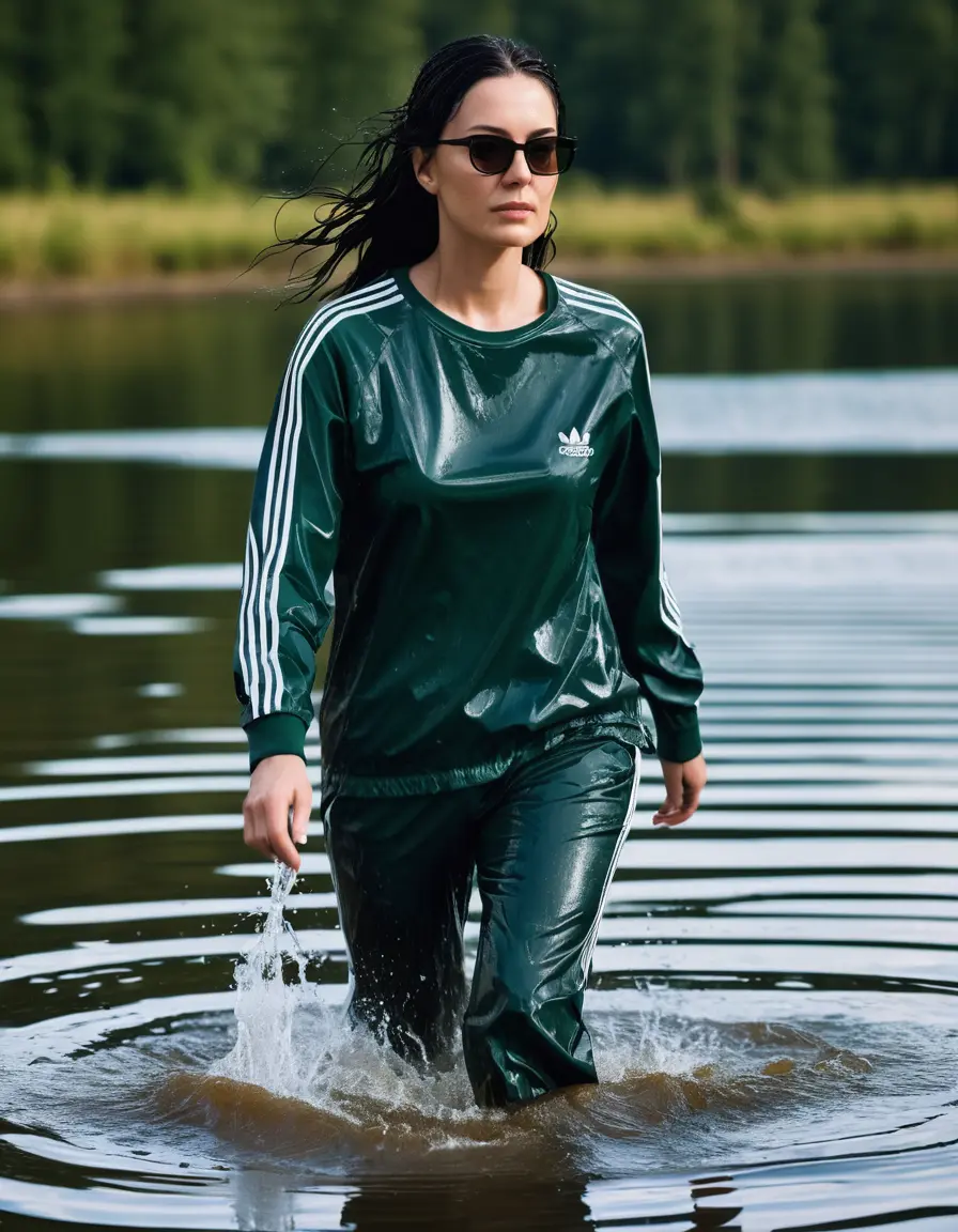 photo of young woman, in soaking wet, drenched clothes,
Sport shoes , long dark green nylon adidas trousers, black adidas t-shirt, walking in Sunny Deep lake, 
enjoying, wet clothes stuck to body,
detailed textures of the wet clothes, wet face, wet plastered hair,
wet, drenched, professional, high-quality details, full body view.
sharp focus, ultra-high pixel detail, realistic, high-quality, full colors, incredibly detailed, 4k, 8k, 16k, hyper-realistic, RAW photo, masterpiece, ultra-detailed, professionally color graded, professional photograph, woman 51 years old, long black hair, very big and thick lips, office light glasses, complete body, open mouth