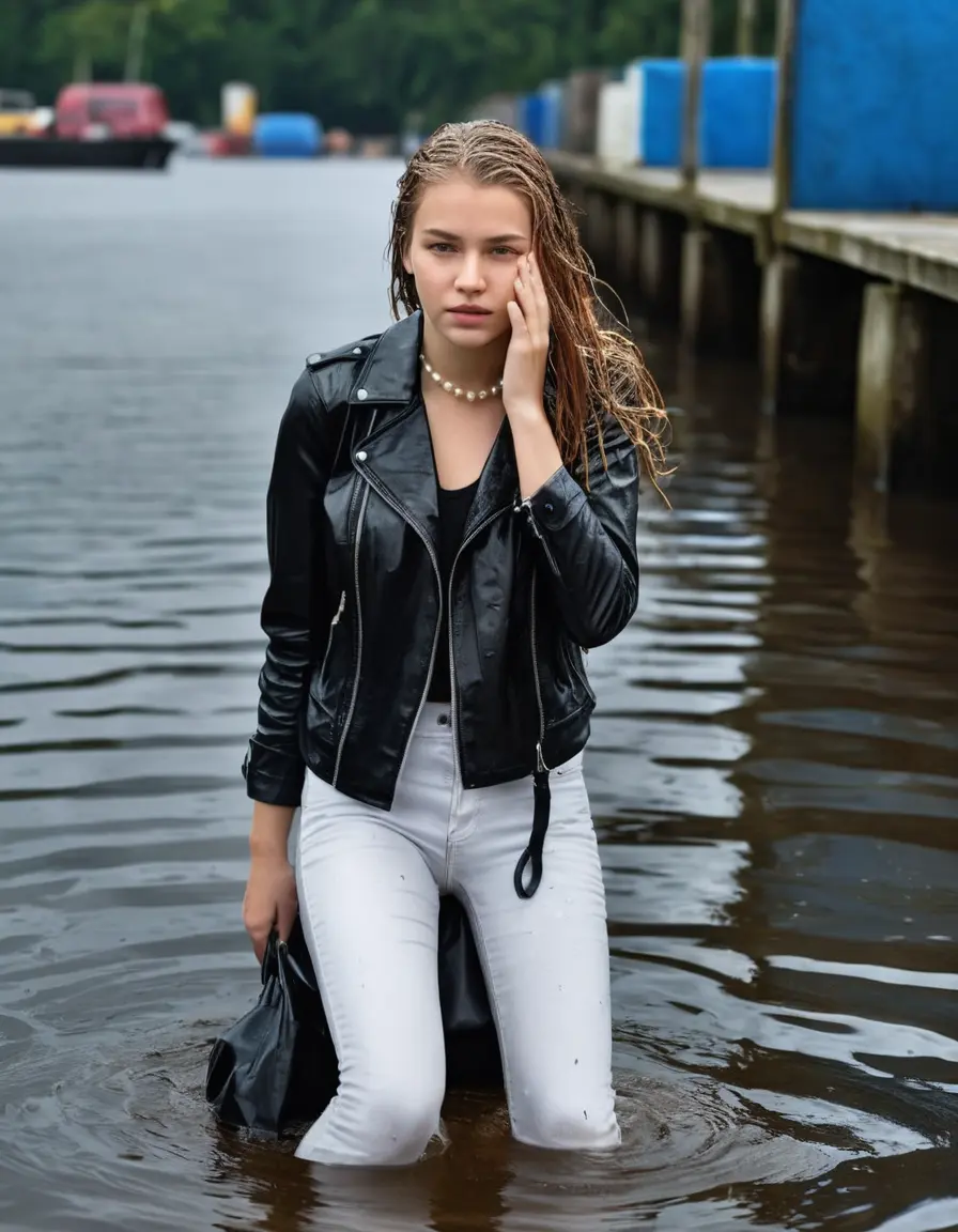 photo of young woman, in soaking wet, drenched clothes,
ankle boots, super skin tight white denim jeans, slim fit black biker leatherjacket,  tight sexy light pink tshirt with wide necklace, handbag, pearl necklace, Fifteen years horny blonde teenage girl with her Friends holds her hand over her mouth and nose posing half submerged into water for a picture on a dock, 
enjoying, wet clothes stuck to body,
detailed textures of the wet clothes, wet face, wet plastered hair,
wet, drenched, professional, high-quality details, full body view.
sharp focus, ultra-high pixel detail, realistic, high-quality, full colors, incredibly detailed, 4k, 8k, 16k, hyper-realistic, RAW photo, masterpiece, ultra-detailed, professionally color graded, professional photograph, Fifteen years old, completely soaked, completely dripping wet from head to toe, very wet clothes, sleek long straight hair, worried and embarrassed facial expression, slight yawn, moaning,  all girls wear different styles of clothes, she takes her handbag with her into the water, a lot of people stands in the background, close-up, view from above, highly realistic representation, ultra sharp focus, highly photorealistic detailed facial features and expressions, highly photorealistic hands, highly best quality, highly sharp photorealistic image, highly photorealistic details, highest photorealistic wet clothes, full UHD resolution, highest photorealistic sharpness of the image, 32 K