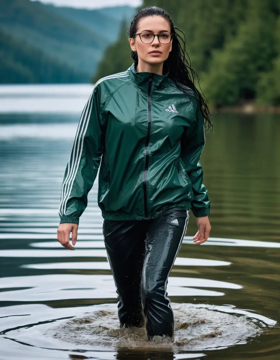 photo of young woman, in soaking wet, drenched clothes,
Sport shoes , long black nylon adidas trousers, dark green adidas jacket with long sleeves, walking in Sunny Deep lake, 
enjoying, wet clothes stuck to body,
detailed textures of the wet clothes, wet face, wet plastered hair,
wet, drenched, professional, high-quality details, full body view.
sharp focus, ultra-high pixel detail, realistic, high-quality, full colors, incredibly detailed, 4k, 8k, 16k, hyper-realistic, RAW photo, masterpiece, ultra-detailed, professionally color graded, professional photograph, woman 51 years old, long black hair, very big and thick lips, office light glasses, complete body, open mouth