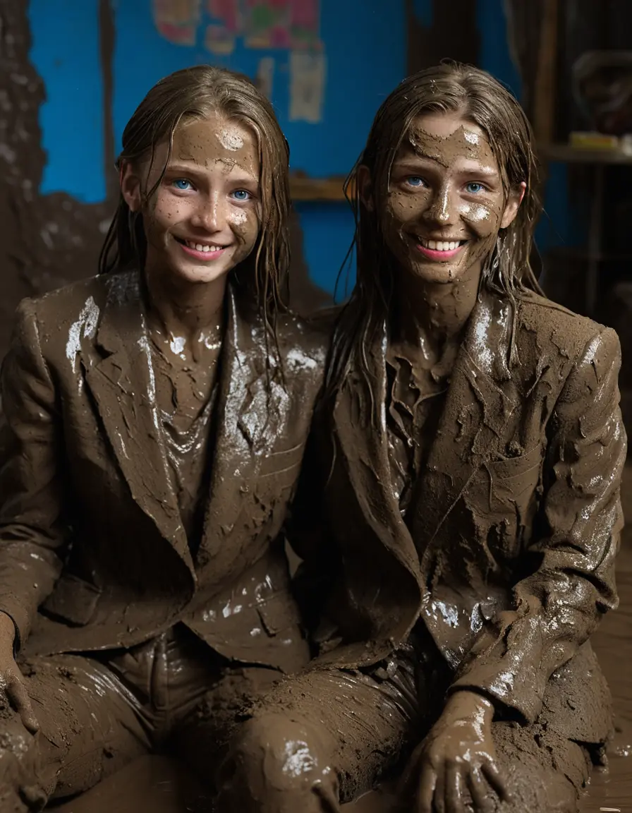 photo of young woman, in soaking wet, drenched clothes,
Muddy high heels, Long very muddy suit pants, Full muddy ruined fully-opened blazer like a fancy uniform over topless with exposed clean big boobs., Muddy party in a dark muddy indoor club. Mud splashed walls with mud-flooded floor. Dark mood lighting with pink and blue neon lights. Muddy furnitures and mud-covered chairs and sofas in the background., 
enjoying, wet clothes stuck to body,
detailed textures of the wet clothes, wet face, wet plastered hair,
wet, drenched, professional, high-quality details, full body view.
sharp focus, ultra-high pixel detail, realistic, high-quality, full colors, incredibly detailed, 4k, 8k, 16k, hyper-realistic, RAW photo, masterpiece, ultra-detailed, professionally color graded, professional photograph, Two young pretty cute innocent blonde teen 12 years old girls are sitting in a deep muddy pool while they are hugging each other. They are wearing their fully and heavily mud-covered opened suits. Thick mud on their blazers. Every small details of the clothes are muddy, but their faces, their chests and their boobs are clean for the photo. Their blazer has the same colour as their muddy pants. They are proudly wearing their expensive open blazers. The classy elegant room is totally destroyed by mud, deep liquid mud on the bed, on the floor, mud spots everywhere, mud flows down on the walls, muddy pillows, muddy bedsheets. Straight very long open wavy hairstyle, muddy hair, smiling and beautiful clean faces, blue eyes, earrings, lipstick. The girls are enjoying to being total muddy on the bed, being sexy, naughty while they are enjoying the muddy fetish party. Realistic boobs and photorealistic detailed smiling facial expressions. Intimate close-up picture about the women from above. Close-up photo, highly realistic representation, ultra sharp focus, highly photorealistic detailed textures, highly photorealistic detailed facial features and expressions, highly photorealistic hands, highly emotional reactions, highly best quality, highly sharp photorealistic image, highly photorealistic details, full UHD resolution, 32 K, very high level of detail and image sharpness, zoomed in