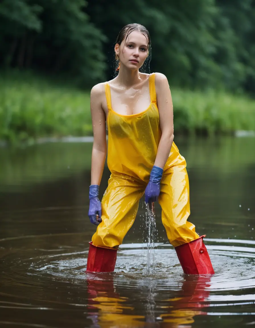 photo of young woman, in soaking wet, drenched clothes,
yellow wellies, long red shiny nylon rainpants, yellow thin nylon top sideboobs over bare breasts, wading in the lake, 
enjoying, wet clothes stuck to body,
detailed textures of the wet clothes, wet face, wet plastered hair,
wet, drenched, professional, high-quality details, full body view.
sharp focus, ultra-high pixel detail, realistic, high-quality, full colors, incredibly detailed, 4k, 8k, 16k, hyper-realistic, RAW photo, masterpiece, ultra-detailed, professionally color graded, professional photograph