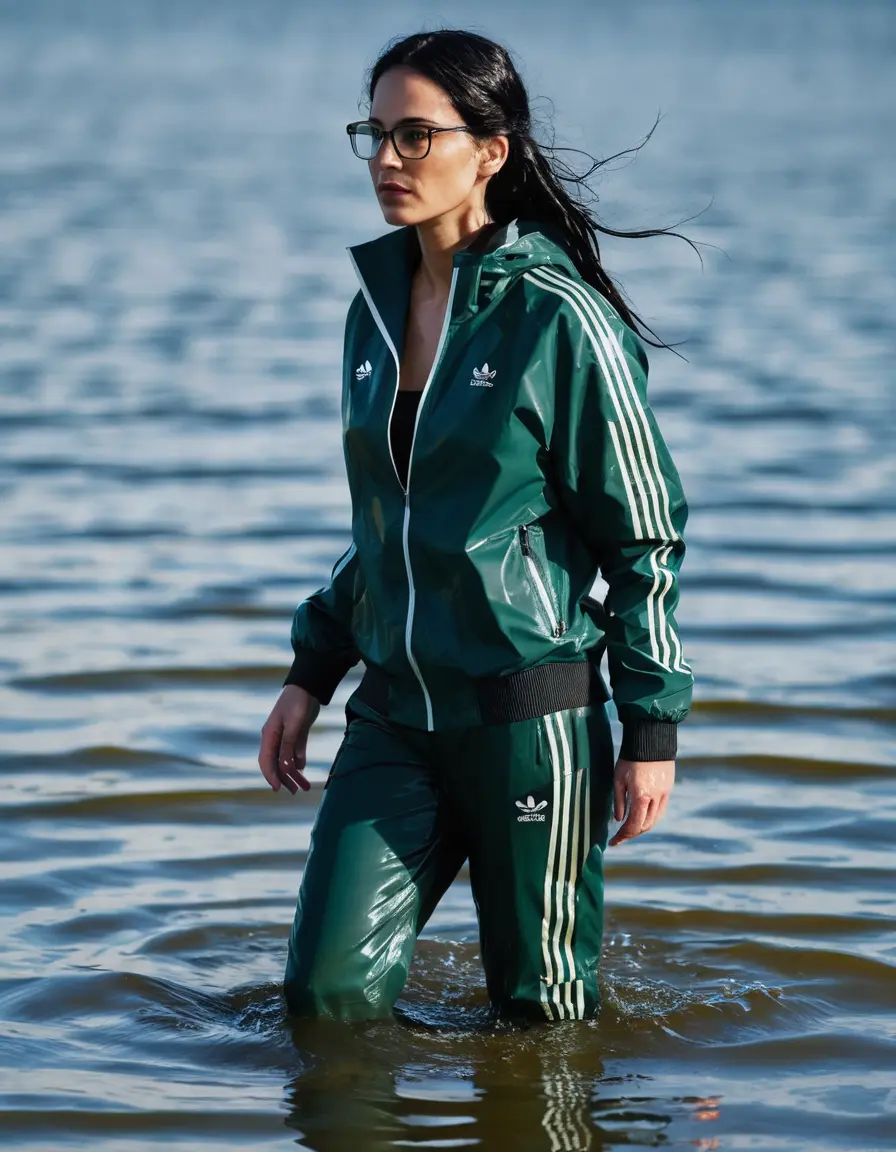 photo of young woman, in soaking wet, drenched clothes,
Sport shoes , long dark green nylon adidas trousers, dark green adidas jacket with long sleeves, walking in Sunny Deep lake, 
enjoying, wet clothes stuck to body,
detailed textures of the wet clothes, wet face, wet plastered hair,
wet, drenched, professional, high-quality details, full body view.
sharp focus, ultra-high pixel detail, realistic, high-quality, full colors, incredibly detailed, 4k, 8k, 16k, hyper-realistic, RAW photo, masterpiece, ultra-detailed, professionally color graded, professional photograph, woman 51 years old, long black hair, very big and thick lips, office light glasses, complete body, open mouth