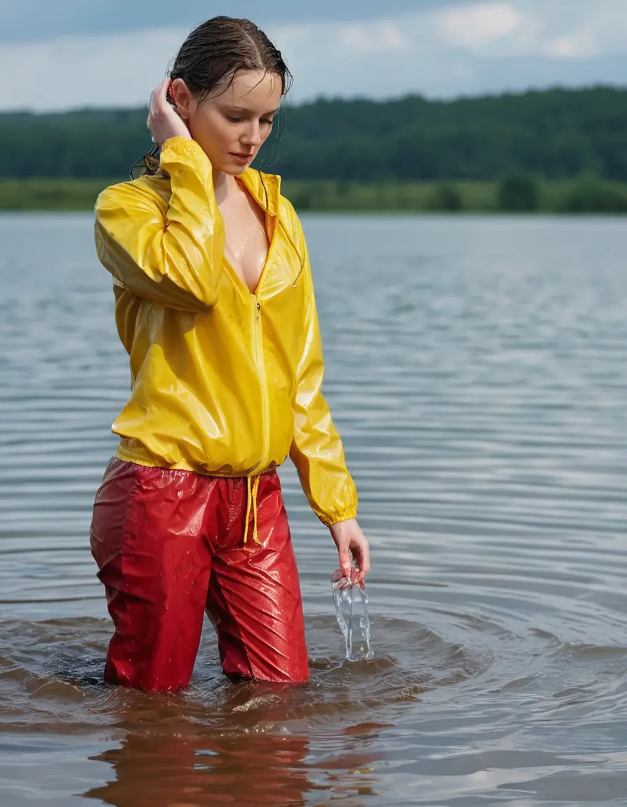 photo of young woman, in soaking wet, drenched clothes,
yellow wellies, long red shiny nylon rainpants, yellow thin nylon top sideboobs over bare breasts, wading in the lake, 
enjoying, wet clothes stuck to body,
detailed textures of the wet clothes, wet face, wet plastered hair,
wet, drenched, professional, high-quality details, full body view.
sharp focus, ultra-high pixel detail, realistic, high-quality, full colors, incredibly detailed, 4k, 8k, 16k, hyper-realistic, RAW photo, masterpiece, ultra-detailed, professionally color graded, professional photograph