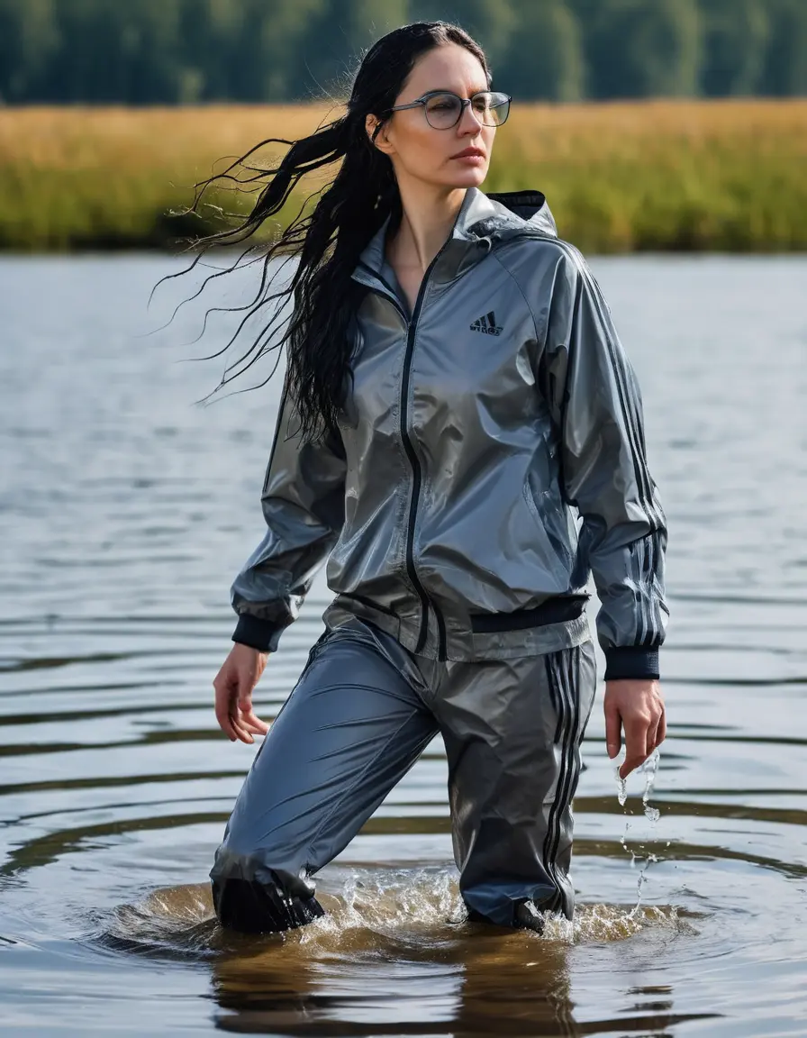 photo of young woman, in soaking wet, drenched clothes,
Sport shoes , long gray nylon adidas trousers, gray nylon adidas jacket with long sleeves, walking in Sunny Deep lake, 
enjoying, wet clothes stuck to body,
detailed textures of the wet clothes, wet face, wet plastered hair,
wet, drenched, professional, high-quality details, full body view.
sharp focus, ultra-high pixel detail, realistic, high-quality, full colors, incredibly detailed, 4k, 8k, 16k, hyper-realistic, RAW photo, masterpiece, ultra-detailed, professionally color graded, professional photograph, woman 51 years old, long black hair, very big and thick lips, office light glasses, complete body, open mouth