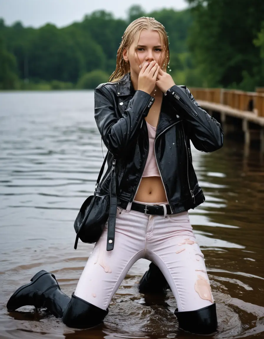 photo of young woman, in soaking wet, drenched clothes,
ankle boots, super skin tight white denim jeans, slim fit black biker leatherjacket,  tight sexy light pink tshirt with wide necklace, handbag, pearl necklace, Fifteen years horny blonde teenage girl with her Friends holds her hand over her mouth and nose posing half submerged into water for a picture on a dock, 
enjoying, wet clothes stuck to body,
detailed textures of the wet clothes, wet face, wet plastered hair,
wet, drenched, professional, high-quality details, full body view.
sharp focus, ultra-high pixel detail, realistic, high-quality, full colors, incredibly detailed, 4k, 8k, 16k, hyper-realistic, RAW photo, masterpiece, ultra-detailed, professionally color graded, professional photograph, Fifteen years old, completely soaked, completely dripping wet from head to toe, very wet clothes, sleek long straight hair, worried and embarrassed facial expression, slight yawn, moaning,  all girls wear different styles of clothes, she takes her handbag with her into the water, a lot of people stands in the background, close-up, view from above, highly realistic representation, ultra sharp focus, highly photorealistic detailed facial features and expressions, highly photorealistic hands, highly best quality, highly sharp photorealistic image, highly photorealistic details, highest photorealistic wet clothes, full UHD resolution, highest photorealistic sharpness of the image, 32 K