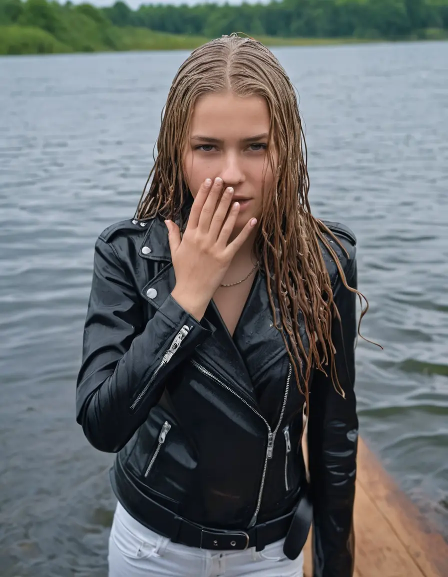 photo of young woman, in soaking wet, drenched clothes,
ankle boots, super skin tight white denim jeans, slim fit black biker leatherjacket,  tight sexy tshirt with wide necklace, handbag, pearl necklace, Fifteen years horny blonde teenage girl with her Friends holds her hand over her mouth and nose posing half submerged into water for a picture on a dock, 
enjoying, wet clothes stuck to body,
detailed textures of the wet clothes, wet face, wet plastered hair,
wet, drenched, professional, high-quality details, full body view.
sharp focus, ultra-high pixel detail, realistic, high-quality, full colors, incredibly detailed, 4k, 8k, 16k, hyper-realistic, RAW photo, masterpiece, ultra-detailed, professionally color graded, professional photograph, Fifteen years old, completely soaked, completely dripping wet from head to toe, very wet clothes, sleek long straight hair, worried and embarrassed facial expression, slight yawn, moaning,  all girls wear different styles of clothes, she takes her handbag with her into the water, a lot of people stands in the background, close-up, view from above, highly realistic representation, ultra sharp focus, highly photorealistic detailed facial features and expressions, highly photorealistic hands, highly best quality, highly sharp photorealistic image, highly photorealistic details, highest photorealistic wet clothes, full UHD resolution, highest photorealistic sharpness of the image, 32 K