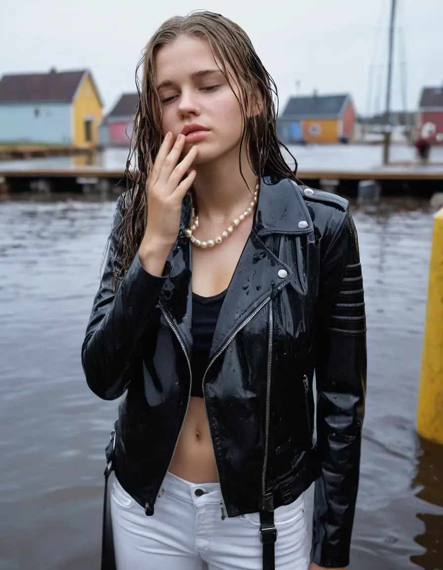 photo of young woman, in soaking wet, drenched clothes,
ankle boots, super skin tight white denim jeans, slim fit black biker leatherjacket,  tight sexy tshirt with wide necklace, handbag, pearl necklace, Fifteen years horny blonde teenage girl with her Friends holds her hand over her mouth and nose posing half submerged into water for a picture on a dock, 
enjoying, wet clothes stuck to body,
detailed textures of the wet clothes, wet face, wet plastered hair,
wet, drenched, professional, high-quality details, full body view.
sharp focus, ultra-high pixel detail, realistic, high-quality, full colors, incredibly detailed, 4k, 8k, 16k, hyper-realistic, RAW photo, masterpiece, ultra-detailed, professionally color graded, professional photograph, Fifteen years old, completely soaked, completely dripping wet from head to toe, very wet clothes, sleek long straight hair, worried and embarrassed facial expression, slight yawn, moaning,  all girls wear different styles of clothes, she takes her handbag with her into the water, a lot of people stands in the background, close-up, view from above, highly realistic representation, ultra sharp focus, highly photorealistic detailed facial features and expressions, highly photorealistic hands, highly best quality, highly sharp photorealistic image, highly photorealistic details, highest photorealistic wet clothes, full UHD resolution, highest photorealistic sharpness of the image, 32 K