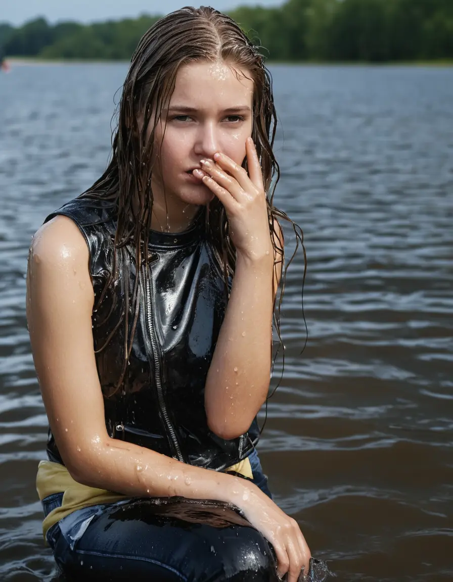 photo of young woman, in soaking wet, drenched clothes,
ankle boots, super skin tight white denim jeans, slim fit black biker leatherjacket,  tight sexy tshirt with wide necklace, handbag, pearl necklace, Fifteen years horny blonde teenage girl with her Friends holds her hand over her mouth and nose posing submerged for a picture on a dock, 
enjoying, wet clothes stuck to body,
detailed textures of the wet clothes, wet face, wet plastered hair,
wet, drenched, professional, high-quality details, full body view.
sharp focus, ultra-high pixel detail, realistic, high-quality, full colors, incredibly detailed, 4k, 8k, 16k, hyper-realistic, RAW photo, masterpiece, ultra-detailed, professionally color graded, professional photograph, Fifteen years old, completely soaked, completely dripping wet from head to toe, very wet clothes, sleek long straight hair, worried and embarrassed facial expression, slight yawn, moaning,  all girls wear different styles of clothes, she takes her handbag with her into the water, a lot of people stands in the background, close-up, view from above, highly realistic representation, ultra sharp focus, highly photorealistic detailed facial features and expressions, highly photorealistic hands, highly best quality, highly sharp photorealistic image, highly photorealistic details, highest photorealistic wet clothes, full UHD resolution, highest photorealistic sharpness of the image, 32 K