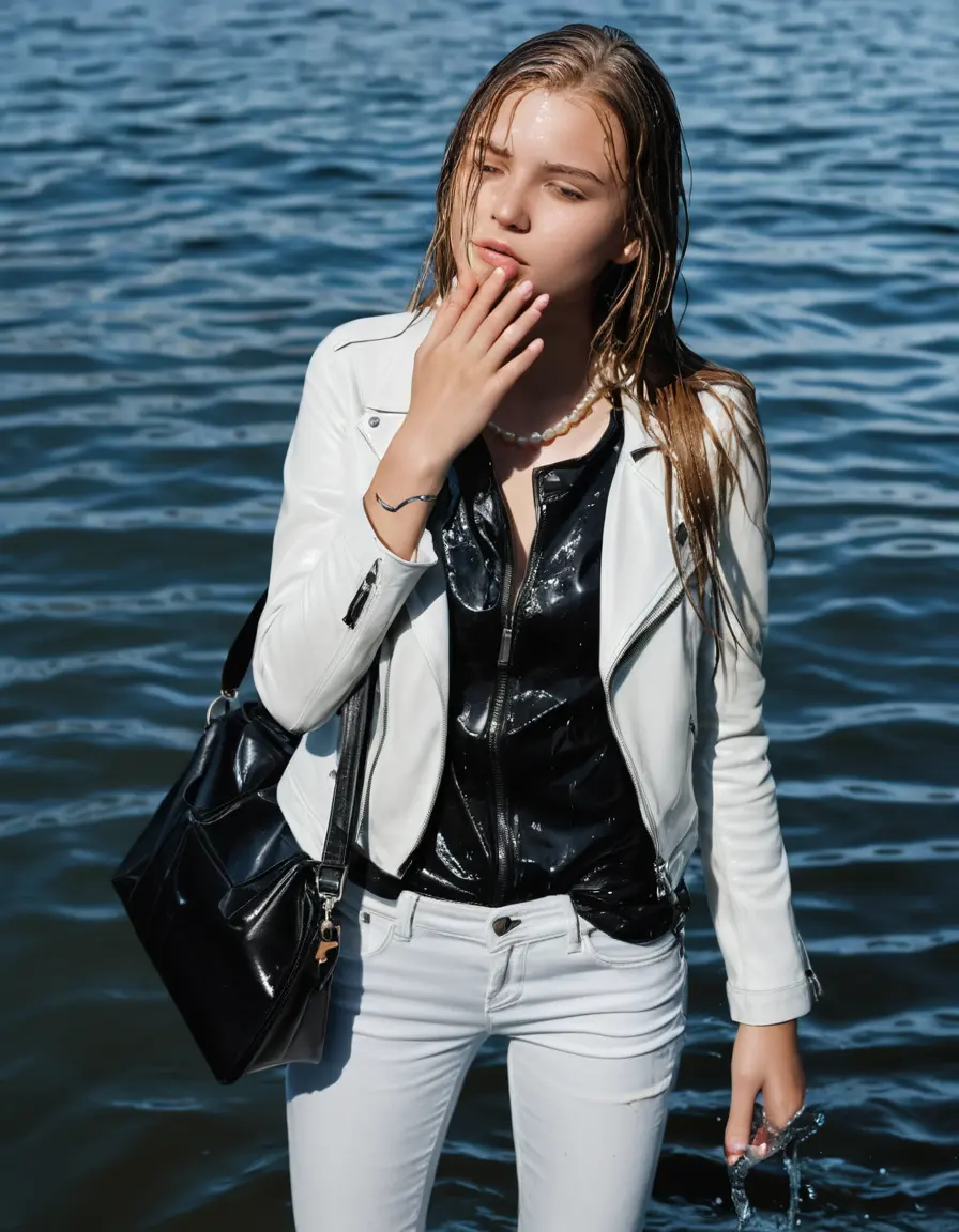 photo of young woman, in soaking wet, drenched clothes,
ankle boots, super skin tight white denim jeans, slim fit black biker leatherjacket,  tight sexy light pink tshirt with wide necklace, handbag, pearl necklace, Fifteen years horny blonde teenage girl with her Friends holds her hand over her mouth and nose posing half submerged into water for a picture on a dock, 
enjoying, wet clothes stuck to body,
detailed textures of the wet clothes, wet face, wet plastered hair,
wet, drenched, professional, high-quality details, full body view.
sharp focus, ultra-high pixel detail, realistic, high-quality, full colors, incredibly detailed, 4k, 8k, 16k, hyper-realistic, RAW photo, masterpiece, ultra-detailed, professionally color graded, professional photograph, Fifteen years old, completely soaked, completely dripping wet from head to toe, very wet clothes, sleek long straight hair, worried and embarrassed facial expression, slight yawn, moaning,  all girls wear different styles of clothes, she takes her handbag with her into the water, a lot of people stands in the background, close-up, view from above, highly realistic representation, ultra sharp focus, highly photorealistic detailed facial features and expressions, highly photorealistic hands, highly best quality, highly sharp photorealistic image, highly photorealistic details, highest photorealistic wet clothes, full UHD resolution, highest photorealistic sharpness of the image, 32 K