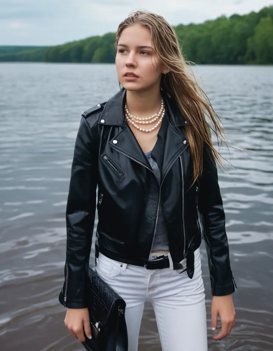 photo of young woman, in soaking wet, drenched clothes,
ankle boots, super skin tight white denim jeans, slim fit black biker leatherjacket,  tight sexy tshirt with wide necklace, handbag, pearl necklace, Fifteen years horny blonde teenage girl with her Friends holds her hand over her mouth and nose posing half submerged into water for a picture on a dock, 
enjoying, wet clothes stuck to body,
detailed textures of the wet clothes, wet face, wet plastered hair,
wet, drenched, professional, high-quality details, full body view.
sharp focus, ultra-high pixel detail, realistic, high-quality, full colors, incredibly detailed, 4k, 8k, 16k, hyper-realistic, RAW photo, masterpiece, ultra-detailed, professionally color graded, professional photograph, Fifteen years old, completely soaked, completely dripping wet from head to toe, very wet clothes, sleek long straight hair, worried and embarrassed facial expression, slight yawn, moaning,  all girls wear different styles of clothes, she takes her handbag with her into the water, a lot of people stands in the background, close-up, view from above, highly realistic representation, ultra sharp focus, highly photorealistic detailed facial features and expressions, highly photorealistic hands, highly best quality, highly sharp photorealistic image, highly photorealistic details, highest photorealistic wet clothes, full UHD resolution, highest photorealistic sharpness of the image, 32 K