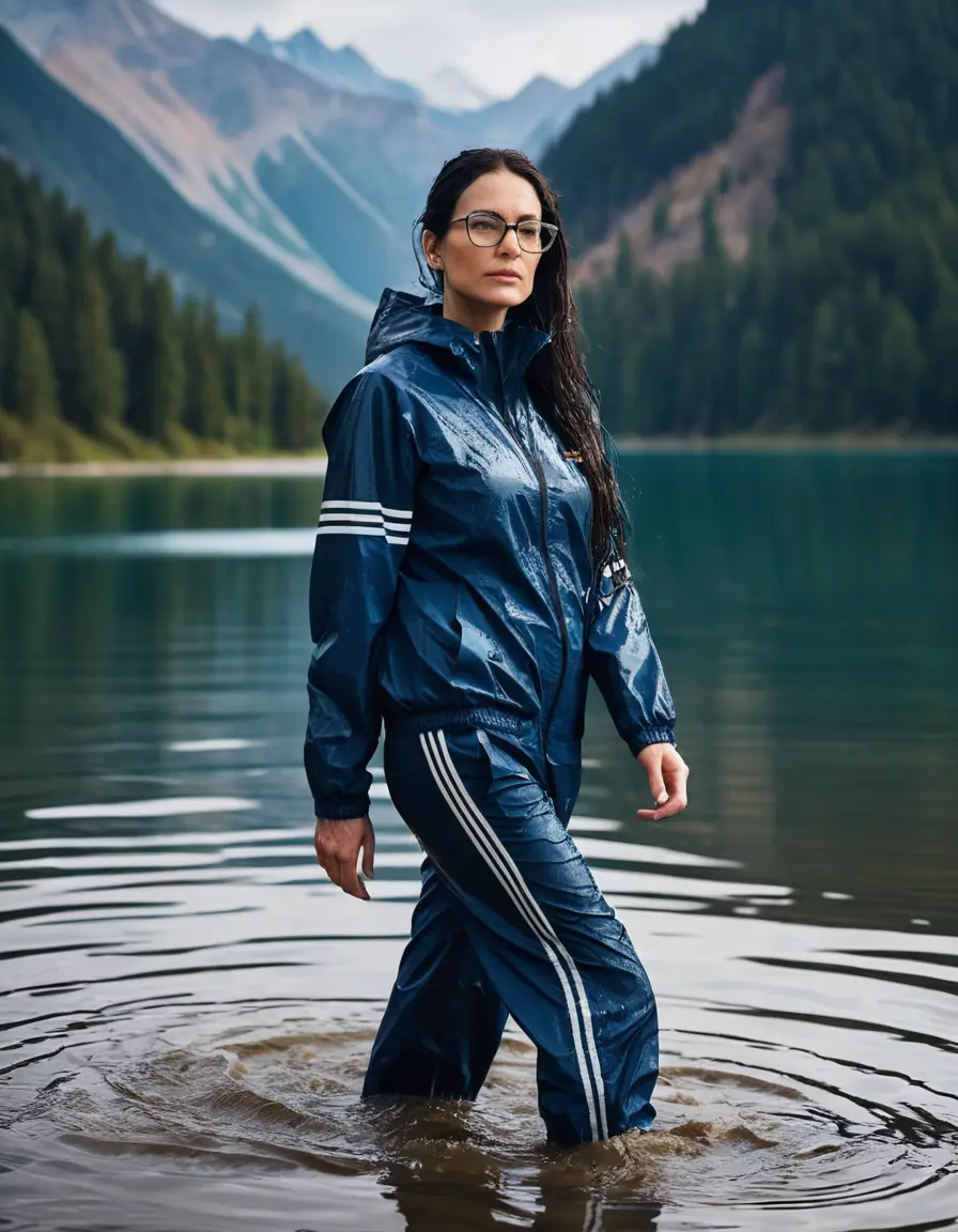 photo of young woman, in soaking wet, drenched clothes,
Sport shoes , long dark blue nylon adidas pants, dark blue nylon adidas jacket with long sleeves, walking in Sunny Deep lake, 
enjoying, wet clothes stuck to body,
detailed textures of the wet clothes, wet face, wet plastered hair,
wet, drenched, professional, high-quality details, full body view.
sharp focus, ultra-high pixel detail, realistic, high-quality, full colors, incredibly detailed, 4k, 8k, 16k, hyper-realistic, RAW photo, masterpiece, ultra-detailed, professionally color graded, professional photograph, woman 51 years old, long black hair, very big and thick lips, office light glasses, complete body, open mouth