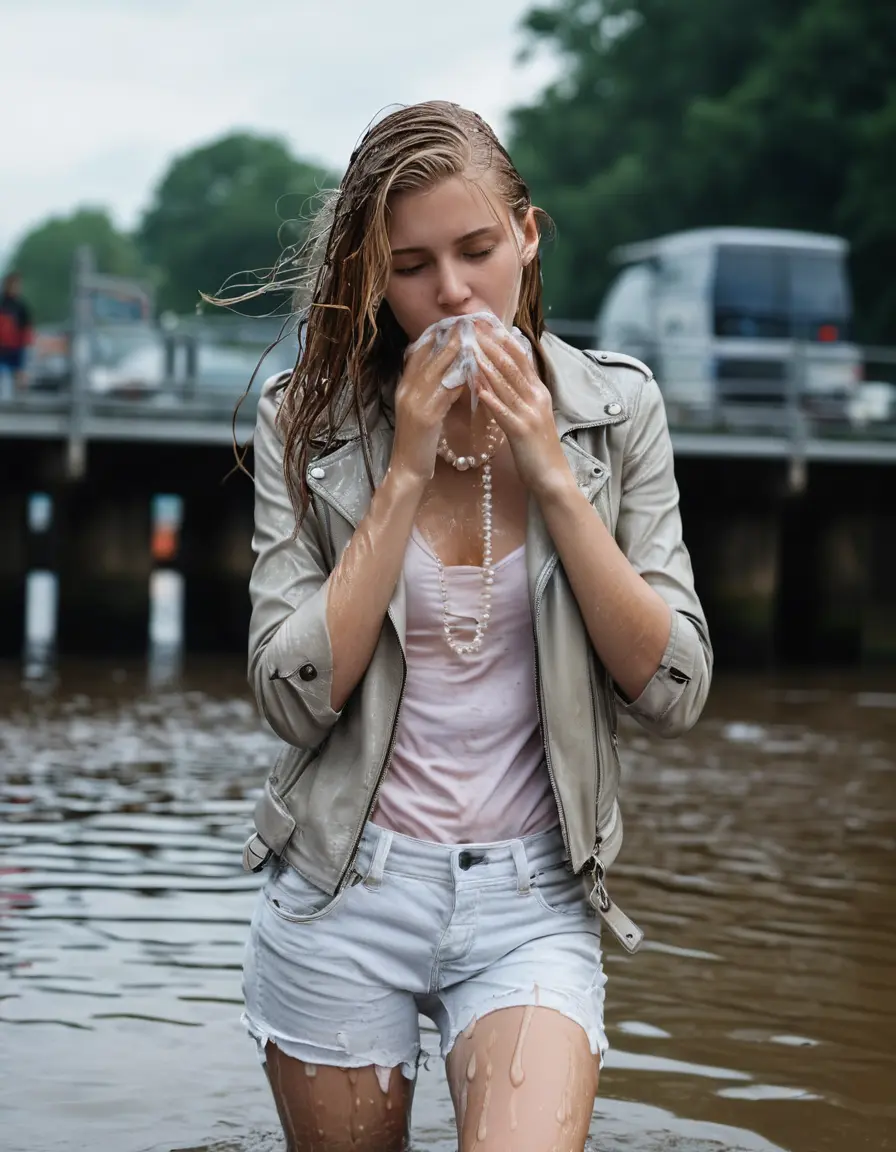 photo of young woman, in soaking wet, drenched clothes,
ankle boots, super skin tight white denim jeans, slim fit black biker leatherjacket,  tight sexy light pink tshirt with wide necklace, handbag, pearl necklace, Fifteen years horny blonde teenage girl with her Friends holds her hand over her mouth and nose posing half submerged into water for a picture on a dock, 
enjoying, wet clothes stuck to body,
detailed textures of the wet clothes, wet face, wet plastered hair,
wet, drenched, professional, high-quality details, full body view.
sharp focus, ultra-high pixel detail, realistic, high-quality, full colors, incredibly detailed, 4k, 8k, 16k, hyper-realistic, RAW photo, masterpiece, ultra-detailed, professionally color graded, professional photograph, Fifteen years old, completely soaked, completely dripping wet from head to toe, very wet clothes, sleek long straight hair, worried and embarrassed facial expression, slight yawn, moaning,  all girls wear different styles of clothes, she takes her handbag with her into the water, a lot of people stands in the background, close-up, view from above, highly realistic representation, ultra sharp focus, highly photorealistic detailed facial features and expressions, highly photorealistic hands, highly best quality, highly sharp photorealistic image, highly photorealistic details, highest photorealistic wet clothes, full UHD resolution, highest photorealistic sharpness of the image, 32 K