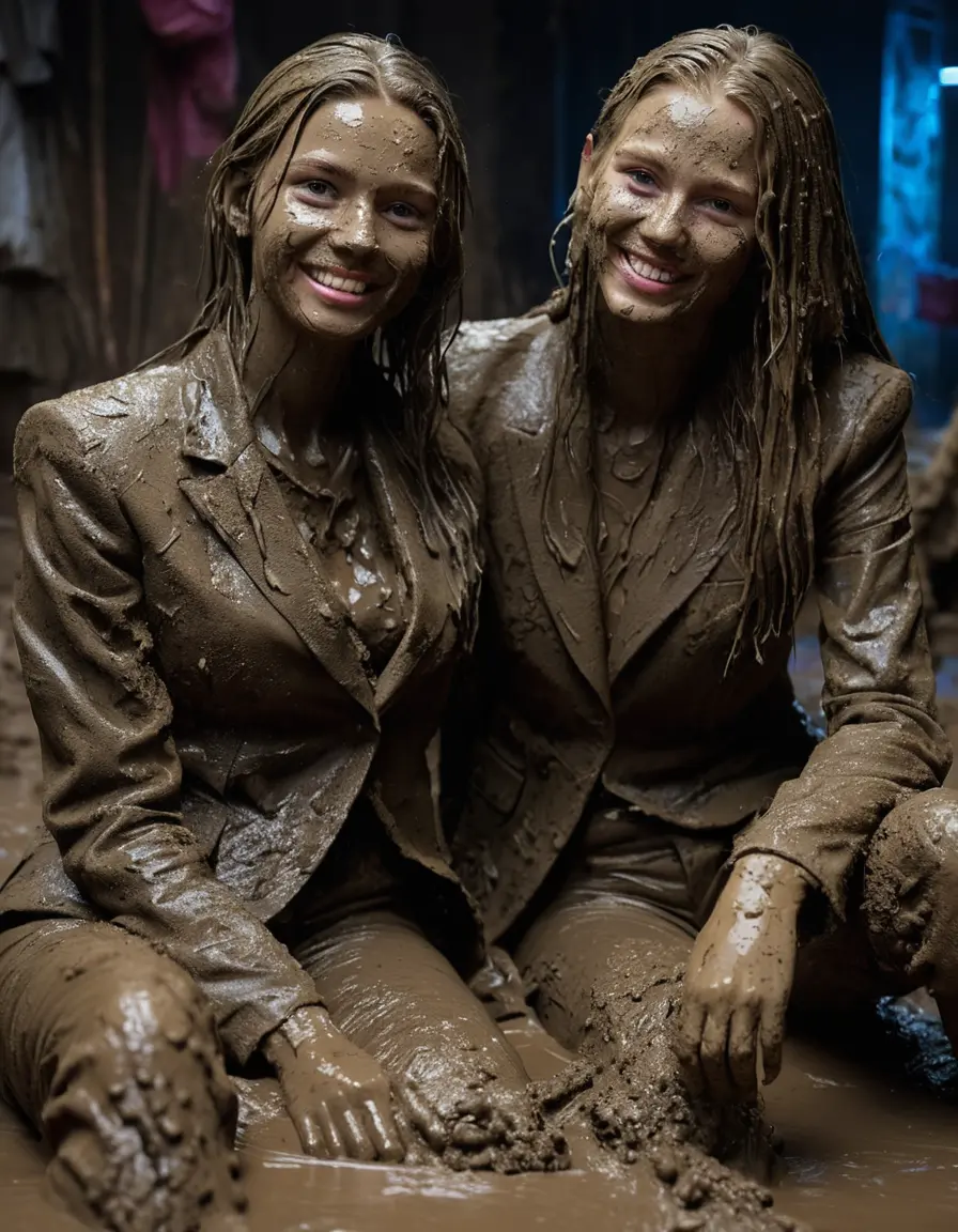 photo of young woman, in soaking wet, drenched clothes,
Muddy high heels, Long very muddy suit pants, Full muddy ruined fully-opened blazer like a fancy uniform over topless with exposed clean big boobs., Muddy party in a dark muddy indoor club. Mud splashed walls with mud-flooded floor. Dark mood lighting with pink and blue neon lights. Muddy furnitures and mud-covered chairs and sofas in the background., 
enjoying, wet clothes stuck to body,
detailed textures of the wet clothes, wet face, wet plastered hair,
wet, drenched, professional, high-quality details, full body view.
sharp focus, ultra-high pixel detail, realistic, high-quality, full colors, incredibly detailed, 4k, 8k, 16k, hyper-realistic, RAW photo, masterpiece, ultra-detailed, professionally color graded, professional photograph, Two young pretty cute innocent blonde teen 12 years old girls are sitting in a deep muddy pool while they are hugging each other. They are wearing their fully and heavily mud-covered opened suits. Thick mud on their blazers. Every small details of the clothes are muddy, but their faces, their chests and their boobs are clean for the photo. Their blazer has the same colour as their muddy pants. They are proudly wearing their expensive open blazers. The classy elegant room is totally destroyed by mud, deep liquid mud on the bed, on the floor, mud spots everywhere, mud flows down on the walls, muddy pillows, muddy bedsheets. Straight very long open wavy hairstyle, muddy hair, smiling and beautiful clean faces, blue eyes, earrings, lipstick. The girls are enjoying to being total muddy on the bed, being sexy, naughty while they are enjoying the muddy fetish party. Realistic boobs and photorealistic detailed smiling facial expressions. Intimate close-up picture about the women from above. Close-up photo, highly realistic representation, ultra sharp focus, highly photorealistic detailed textures, highly photorealistic detailed facial features and expressions, highly photorealistic hands, highly emotional reactions, highly best quality, highly sharp photorealistic image, highly photorealistic details, full UHD resolution, 32 K, very high level of detail and image sharpness, zoomed in