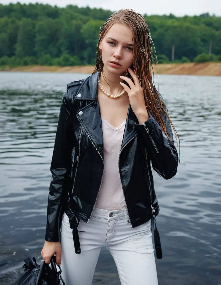 photo of young woman, in soaking wet, drenched clothes,
ankle boots, super skin tight white denim jeans, slim fit black biker leatherjacket,  tight sexy light pink tshirt with wide necklace, handbag, pearl necklace, Fifteen years horny blonde teenage girl with her Friends holds her hand over her mouth and nose posing half submerged into water for a picture on a dock, 
enjoying, wet clothes stuck to body,
detailed textures of the wet clothes, wet face, wet plastered hair,
wet, drenched, professional, high-quality details, full body view.
sharp focus, ultra-high pixel detail, realistic, high-quality, full colors, incredibly detailed, 4k, 8k, 16k, hyper-realistic, RAW photo, masterpiece, ultra-detailed, professionally color graded, professional photograph, Fifteen years old, completely soaked, completely dripping wet from head to toe, very wet clothes, sleek long straight hair, worried and embarrassed facial expression, slight yawn, moaning,  all girls wear different styles of clothes, she takes her handbag with her into the water, a lot of people stands in the background, close-up, view from above, highly realistic representation, ultra sharp focus, highly photorealistic detailed facial features and expressions, highly photorealistic hands, highly best quality, highly sharp photorealistic image, highly photorealistic details, highest photorealistic wet clothes, full UHD resolution, highest photorealistic sharpness of the image, 32 K