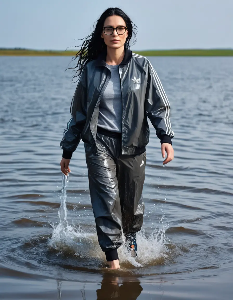 photo of young woman, in soaking wet, drenched clothes,
Sport shoes , long black nylon adidas trousers, gray nylon adidas jacket with long sleeves, walking in Sunny Deep lake, 
enjoying, wet clothes stuck to body,
detailed textures of the wet clothes, wet face, wet plastered hair,
wet, drenched, professional, high-quality details, full body view.
sharp focus, ultra-high pixel detail, realistic, high-quality, full colors, incredibly detailed, 4k, 8k, 16k, hyper-realistic, RAW photo, masterpiece, ultra-detailed, professionally color graded, professional photograph, woman 51 years old, long black hair, very big and thick lips, office light glasses, complete body, open mouth