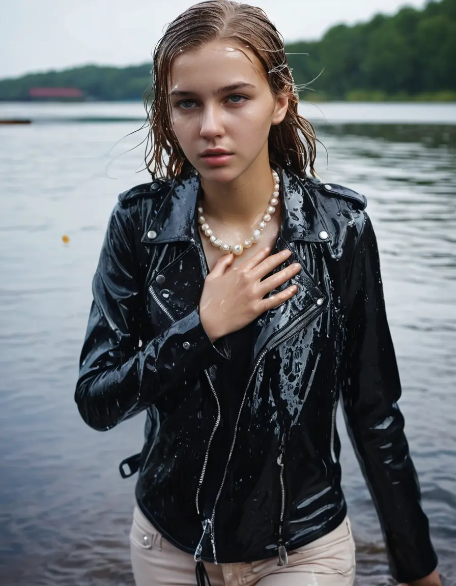 photo of young woman, in soaking wet, drenched clothes,
ankle boots, super skin tight white denim jeans, slim fit black biker leatherjacket,  tight sexy light pink tshirt with wide necklace, handbag, pearl necklace, Fifteen years horny blonde teenage girl with her Friends holds her hand over her mouth and nose posing half submerged into water for a picture on a dock, 
enjoying, wet clothes stuck to body,
detailed textures of the wet clothes, wet face, wet plastered hair,
wet, drenched, professional, high-quality details, full body view.
sharp focus, ultra-high pixel detail, realistic, high-quality, full colors, incredibly detailed, 4k, 8k, 16k, hyper-realistic, RAW photo, masterpiece, ultra-detailed, professionally color graded, professional photograph, Fifteen years old, completely soaked, completely dripping wet from head to toe, very wet clothes, sleek long straight hair, worried and embarrassed facial expression, slight yawn, moaning,  all girls wear different styles of clothes, she takes her handbag with her into the water, a lot of people stands in the background, close-up, view from above, highly realistic representation, ultra sharp focus, highly photorealistic detailed facial features and expressions, highly photorealistic hands, highly best quality, highly sharp photorealistic image, highly photorealistic details, highest photorealistic wet clothes, full UHD resolution, highest photorealistic sharpness of the image, 32 K