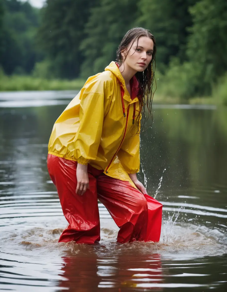 photo of young woman, in soaking wet, drenched clothes,
yellow wellies, long red shiny nylon rainpants, yellow thin nylon top sideboobs over bare breasts, wading in the lake, 
enjoying, wet clothes stuck to body,
detailed textures of the wet clothes, wet face, wet plastered hair,
wet, drenched, professional, high-quality details, full body view.
sharp focus, ultra-high pixel detail, realistic, high-quality, full colors, incredibly detailed, 4k, 8k, 16k, hyper-realistic, RAW photo, masterpiece, ultra-detailed, professionally color graded, professional photograph