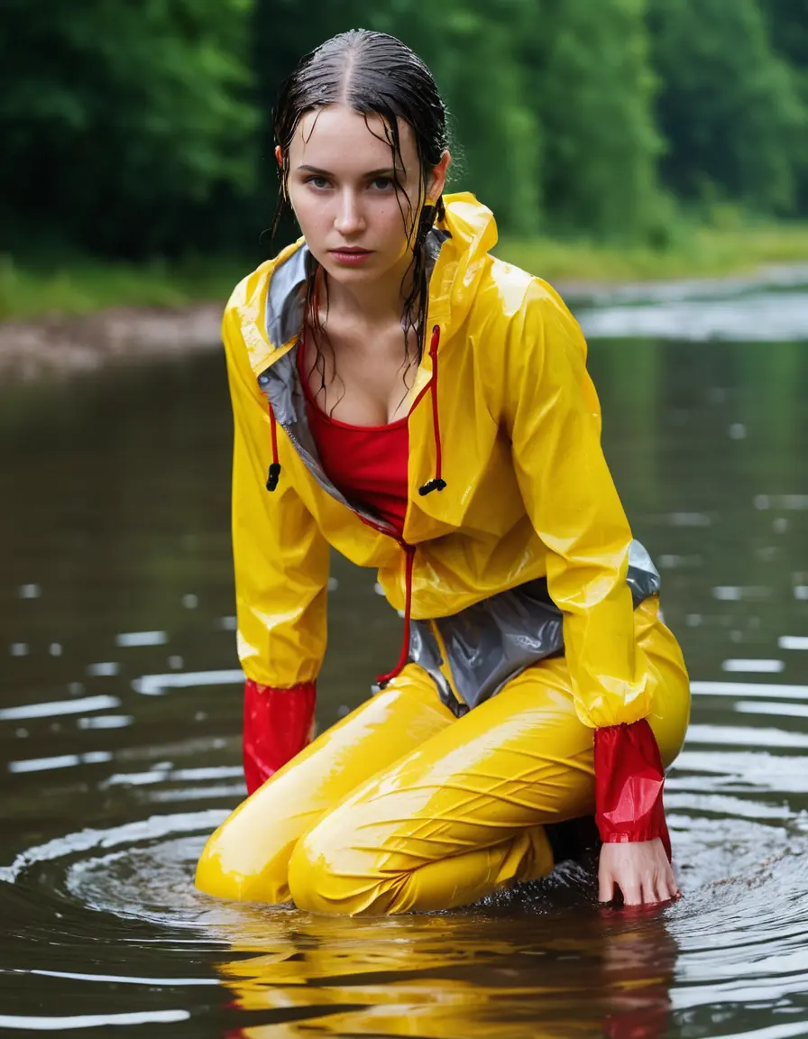 photo of young woman, in soaking wet, drenched clothes,
yellow wellies, long red shiny nylon rainpants, yellow thin nylon top sideboobs over bare breasts, wading in the lake, 
enjoying, wet clothes stuck to body,
detailed textures of the wet clothes, wet face, wet plastered hair,
wet, drenched, professional, high-quality details, full body view.
sharp focus, ultra-high pixel detail, realistic, high-quality, full colors, incredibly detailed, 4k, 8k, 16k, hyper-realistic, RAW photo, masterpiece, ultra-detailed, professionally color graded, professional photograph