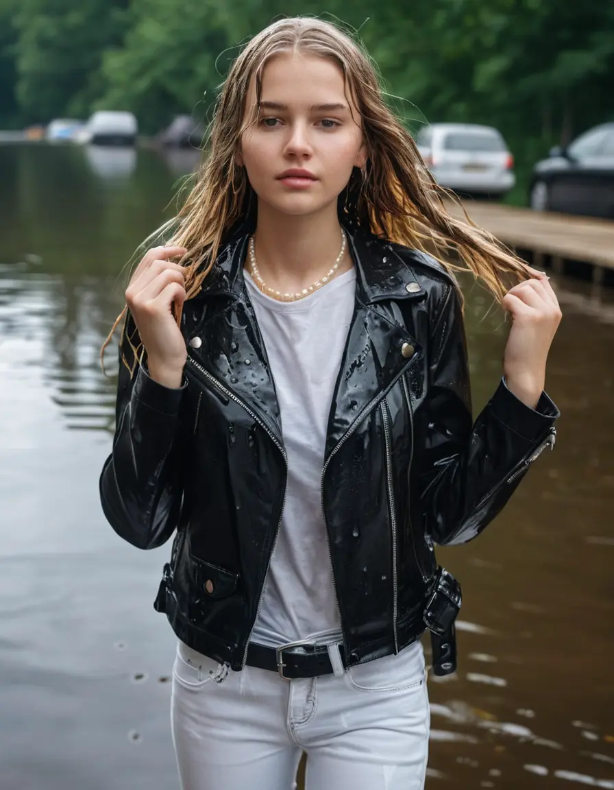 photo of young woman, in soaking wet, drenched clothes,
ankle boots, super skin tight white denim jeans, slim fit black biker leatherjacket,  tight sexy tshirt with wide necklace, handbag, pearl necklace, Fifteen years horny blonde teenage girl with her Friends holds her hand over her mouth and nose posing half submerged into water for a picture on a dock, 
enjoying, wet clothes stuck to body,
detailed textures of the wet clothes, wet face, wet plastered hair,
wet, drenched, professional, high-quality details, full body view.
sharp focus, ultra-high pixel detail, realistic, high-quality, full colors, incredibly detailed, 4k, 8k, 16k, hyper-realistic, RAW photo, masterpiece, ultra-detailed, professionally color graded, professional photograph, Fifteen years old, completely soaked, completely dripping wet from head to toe, very wet clothes, sleek long straight hair, worried and embarrassed facial expression, slight yawn, moaning,  all girls wear different styles of clothes, she takes her handbag with her into the water, a lot of people stands in the background, close-up, view from above, highly realistic representation, ultra sharp focus, highly photorealistic detailed facial features and expressions, highly photorealistic hands, highly best quality, highly sharp photorealistic image, highly photorealistic details, highest photorealistic wet clothes, full UHD resolution, highest photorealistic sharpness of the image, 32 K