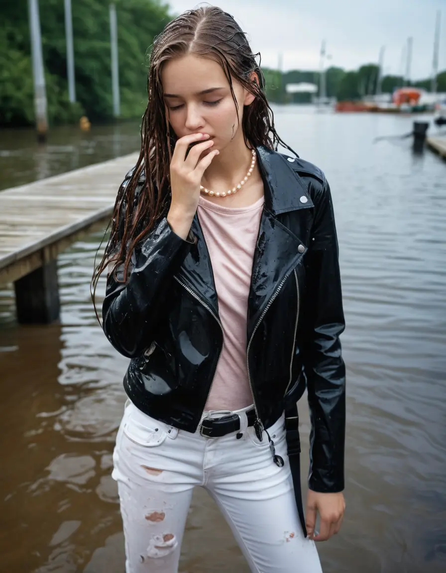 photo of young woman, in soaking wet, drenched clothes,
ankle boots, super skin tight white denim jeans, slim fit black biker leatherjacket,  tight sexy light pink tshirt with wide necklace, handbag, pearl necklace, Fifteen years horny blonde teenage girl with her Friends holds her hand over her mouth and nose posing half submerged into water for a picture on a dock, 
enjoying, wet clothes stuck to body,
detailed textures of the wet clothes, wet face, wet plastered hair,
wet, drenched, professional, high-quality details, full body view.
sharp focus, ultra-high pixel detail, realistic, high-quality, full colors, incredibly detailed, 4k, 8k, 16k, hyper-realistic, RAW photo, masterpiece, ultra-detailed, professionally color graded, professional photograph, Fifteen years old, completely soaked, completely dripping wet from head to toe, very wet clothes, sleek long straight hair, worried and embarrassed facial expression, slight yawn, moaning,  all girls wear different styles of clothes, she takes her handbag with her into the water, a lot of people stands in the background, close-up, view from above, highly realistic representation, ultra sharp focus, highly photorealistic detailed facial features and expressions, highly photorealistic hands, highly best quality, highly sharp photorealistic image, highly photorealistic details, highest photorealistic wet clothes, full UHD resolution, highest photorealistic sharpness of the image, 32 K