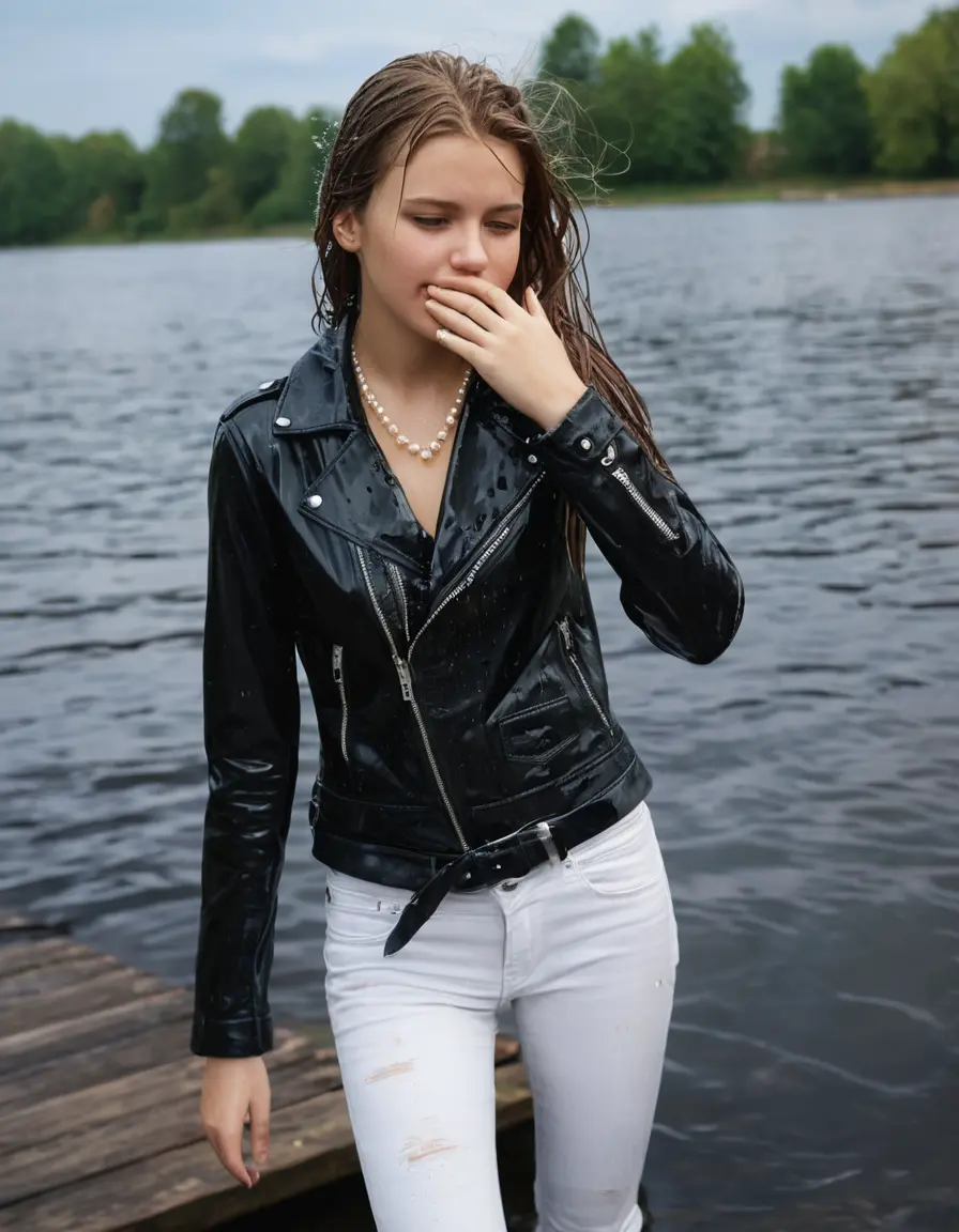 photo of young woman, in soaking wet, drenched clothes,
ankle boots, super skin tight white denim jeans, slim fit black biker leatherjacket,  tight sexy tshirt with wide necklace, handbag, pearl necklace, Fifteen years horny blonde teenage girl with her Friends holds her hand over her mouth and nose posing for a picture on a dock, 
enjoying, wet clothes stuck to body,
detailed textures of the wet clothes, wet face, wet plastered hair,
wet, drenched, professional, high-quality details, full body view.
sharp focus, ultra-high pixel detail, realistic, high-quality, full colors, incredibly detailed, 4k, 8k, 16k, hyper-realistic, RAW photo, masterpiece, ultra-detailed, professionally color graded, professional photograph, Fifteen years old, completely soaked, completely dripping wet from head to toe, very wet clothes, sleek long straight hair, worried and embarrassed facial expression, slight yawn, moaning,  all girls wear different styles of clothes, she takes her handbag with her into the water, a lot of people stands in the background, close-up, view from above, highly realistic representation, ultra sharp focus, highly photorealistic detailed facial features and expressions, highly photorealistic hands, highly best quality, highly sharp photorealistic image, highly photorealistic details, highest photorealistic wet clothes, full UHD resolution, highest photorealistic sharpness of the image, 32 K